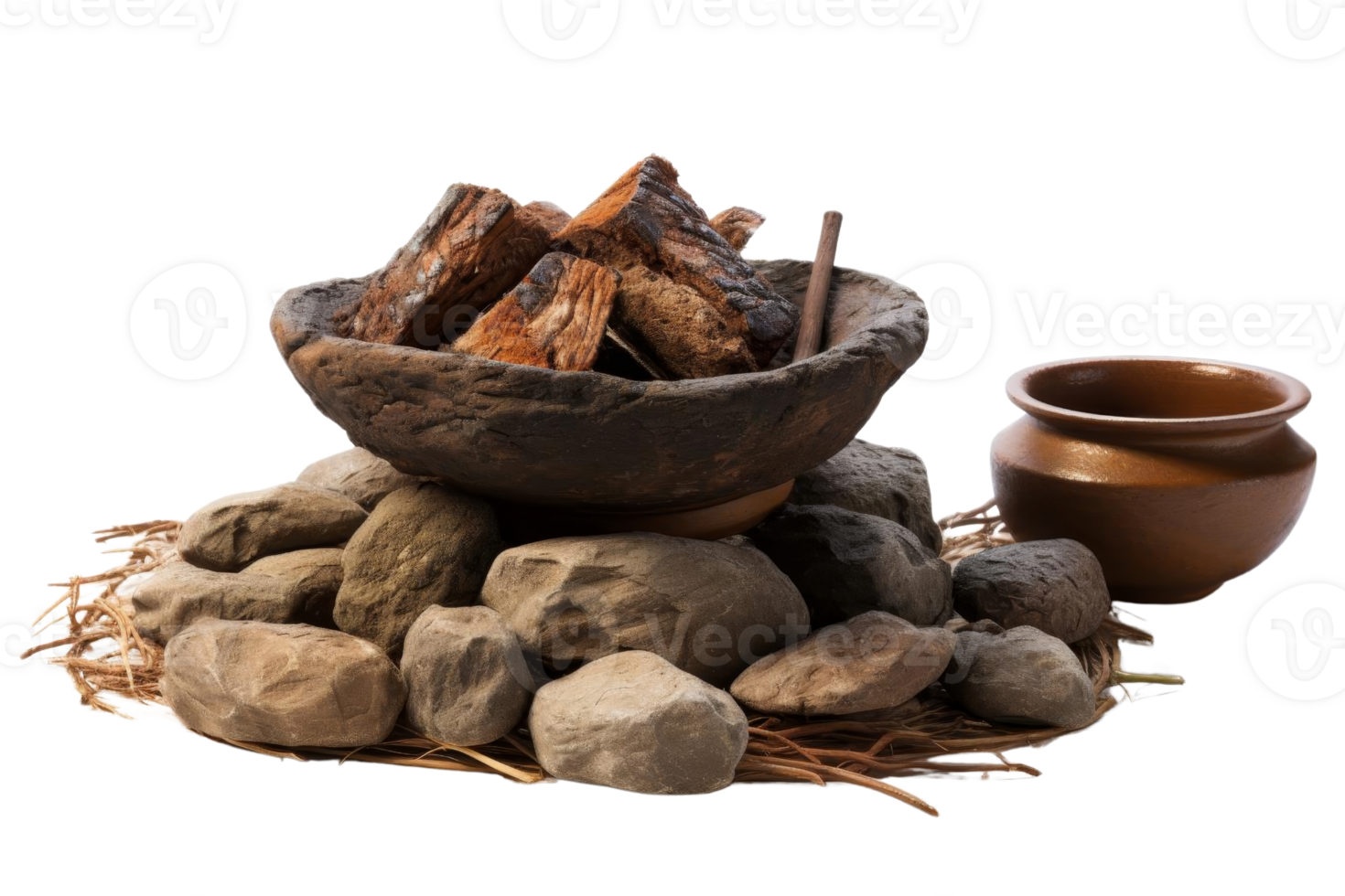 A bowl of wood and a bowl of rocks sit on a pile of rocks. The scene has a rustic png
