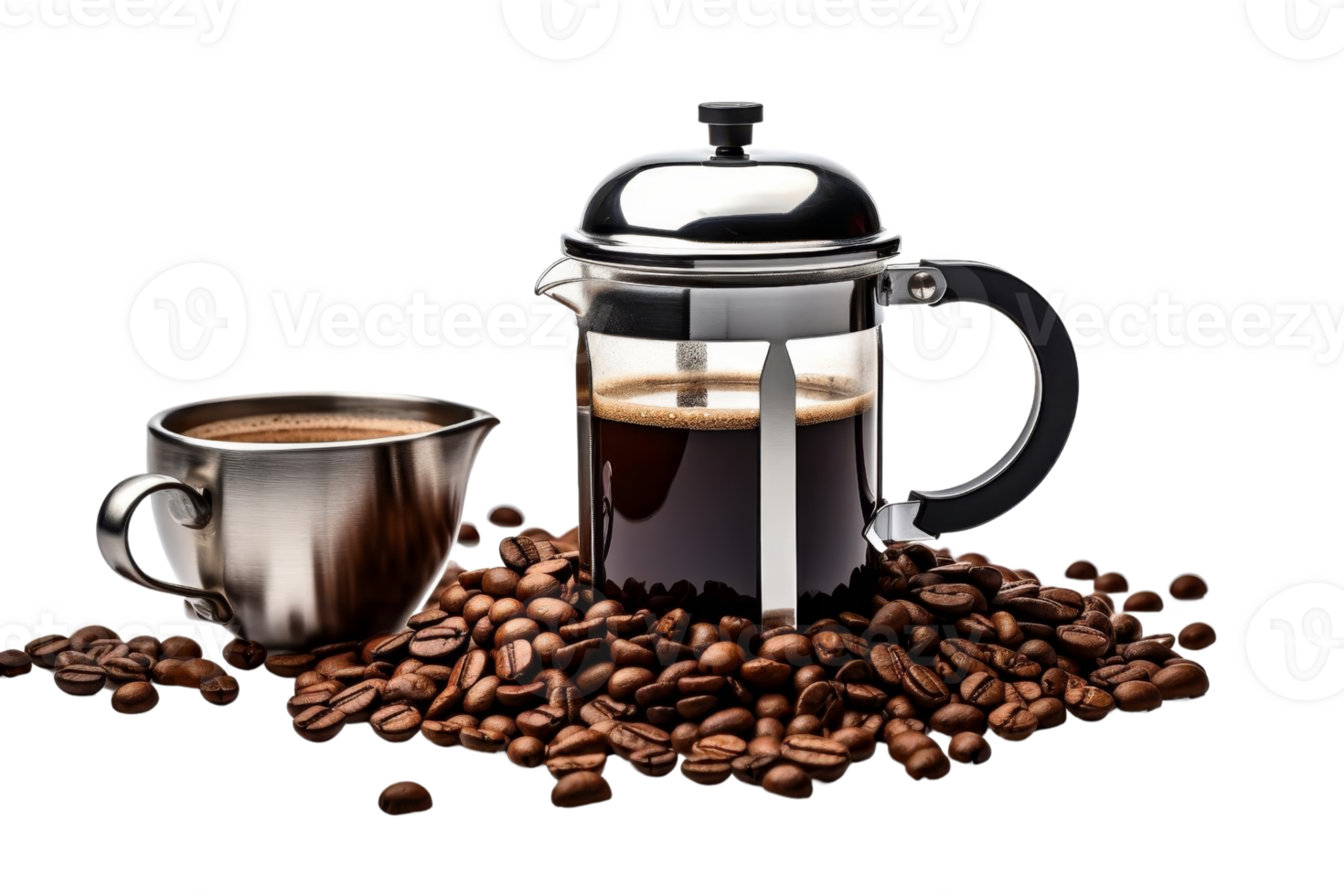 A French press and metal cup filled with freshly brewed coffee surrounded by roasted coffee beans, isolated on a transparent background. png