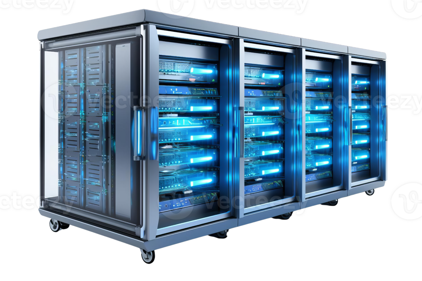 Modern data center server rack with illuminated blue lights representing advanced technology and high-performance computing. png