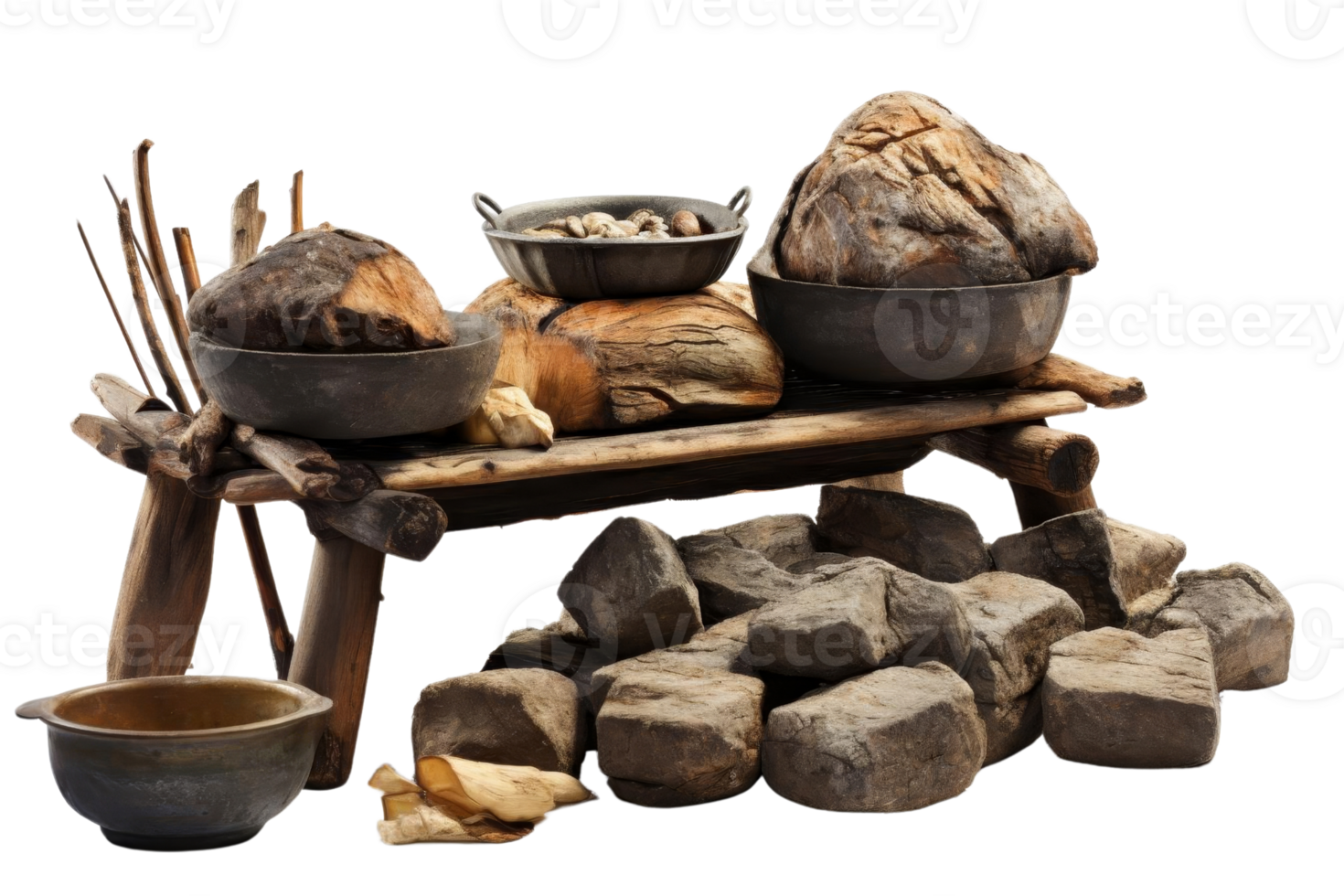 A wooden table with a variety of food items on it, including bread, potatoes, and a bowl. The table is surrounded by rocks and logs, giving it a rustic and primitive feel png