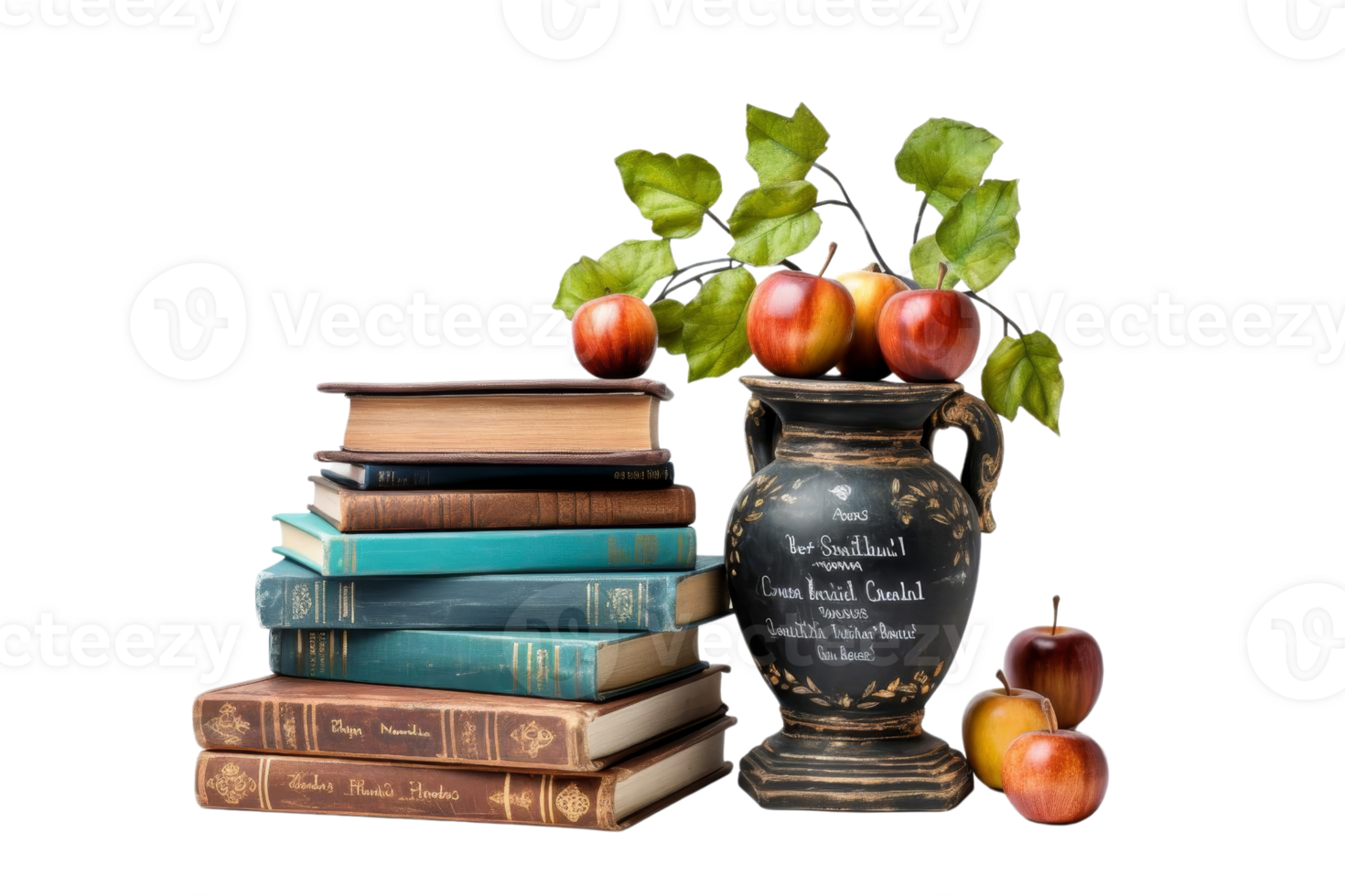 Vintage still life with stacked books and a ceramic vase filled with apples, creating a classic and timeless academic ambiance. png
