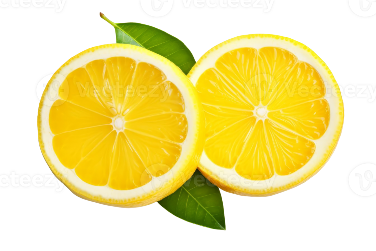 Two fresh lemon slices with green leaves on a transparent background. Vibrant yellow color, perfect for culinary, health, or refreshing summer themes. png