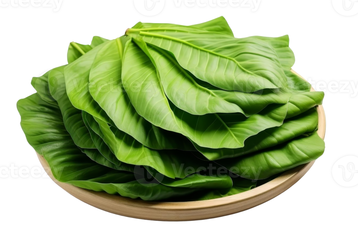 Stack of vibrant green banana leaves arranged in a wooden bowl, ideal for culinary, decoration, and natural-themed presentations. png