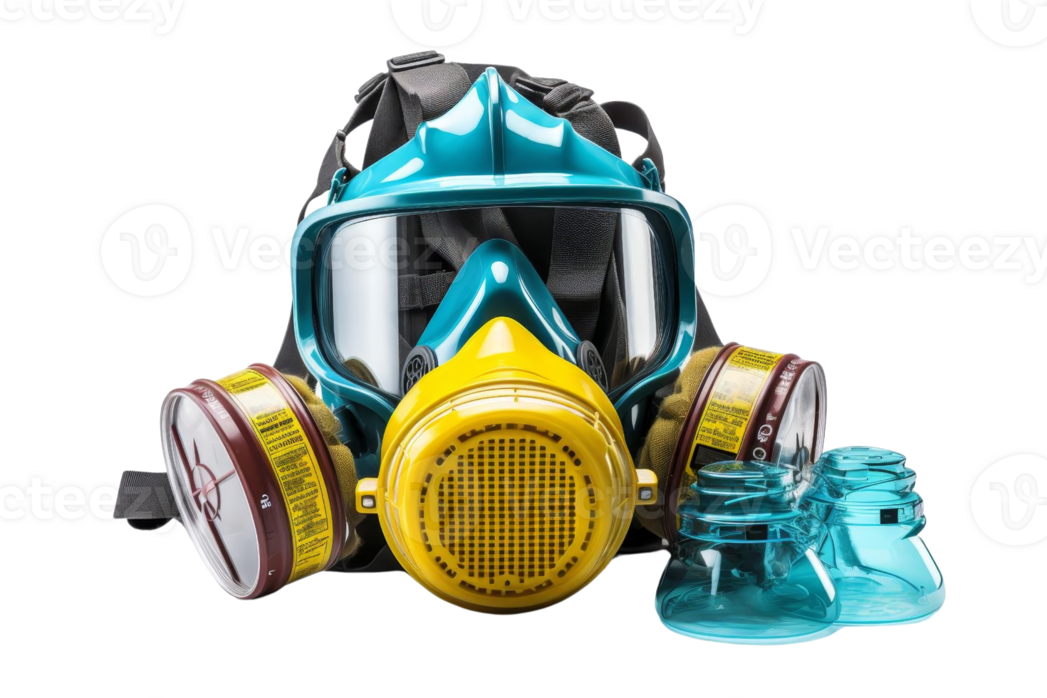 Protective face mask with dual filters and detachable parts on transparent background. ideal for safety and industrial health purposes. png
