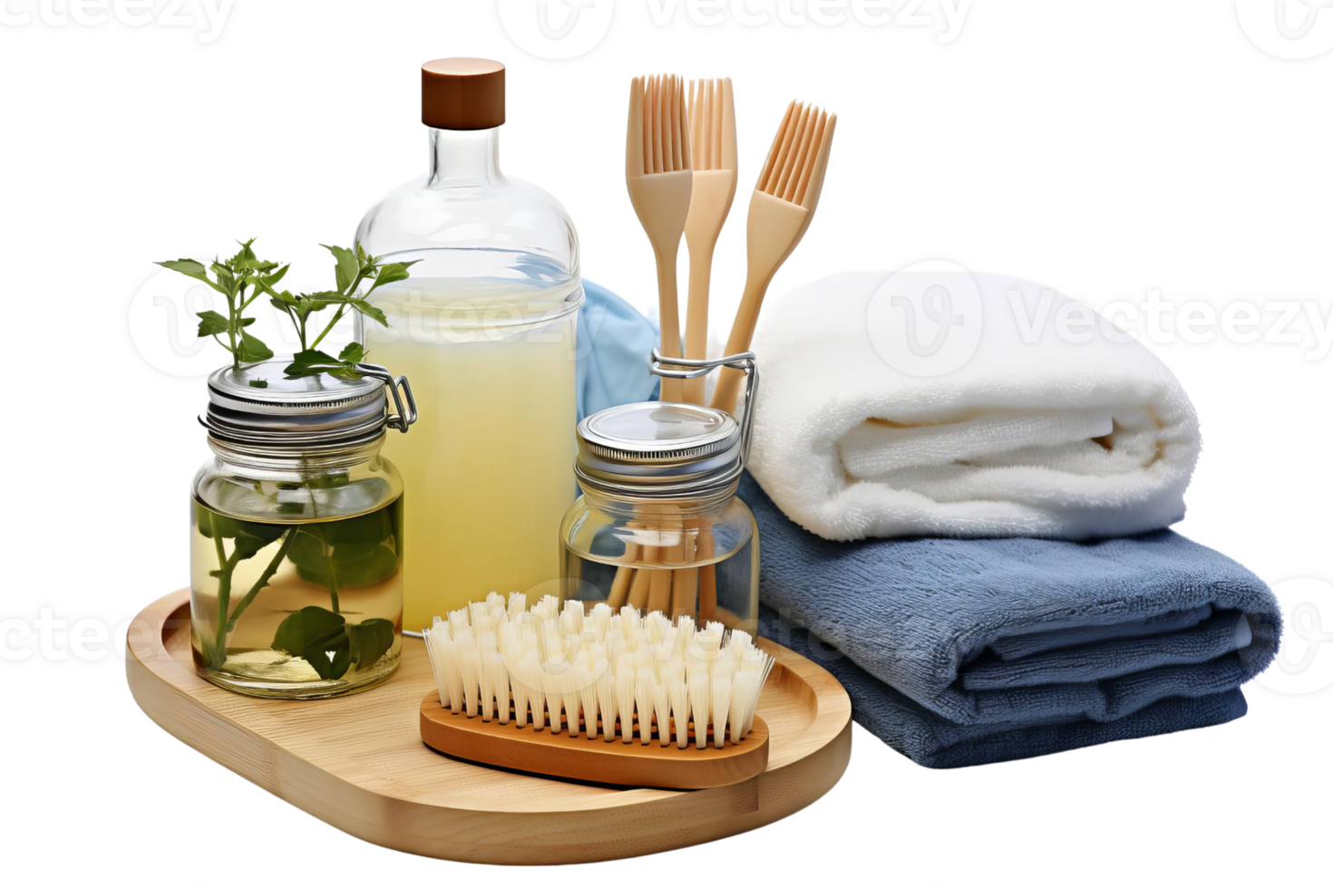 Spa essentials with natural ingredients, towels, and wooden brushes on a tray, evoking a sense of relaxation and self-care. png