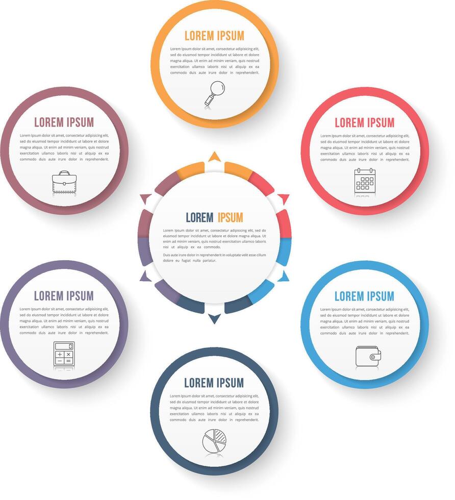 Circle infographic template with six elements, steps or options, workflow or process diagram vector