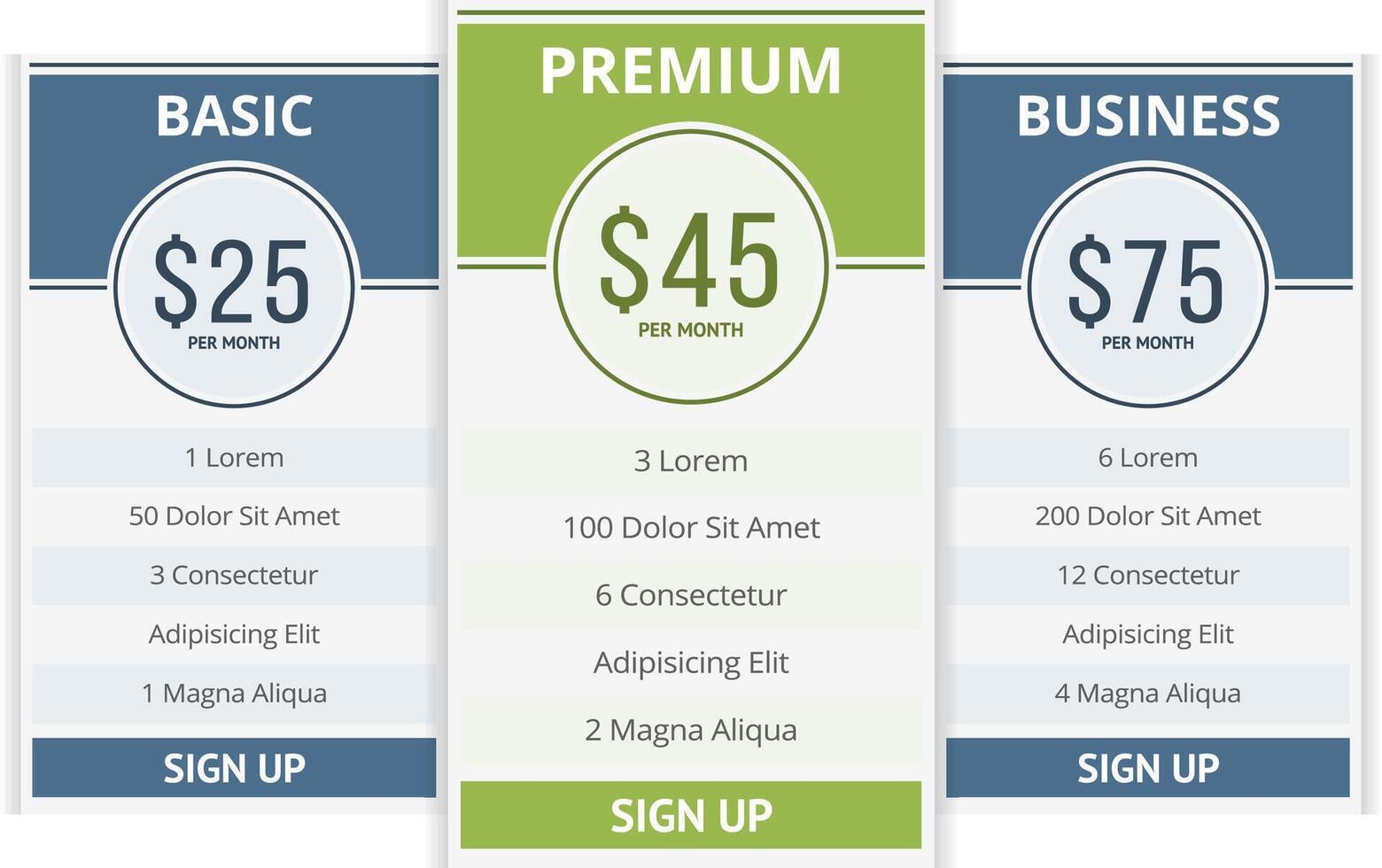 Pricing table template with three plans for websites vector