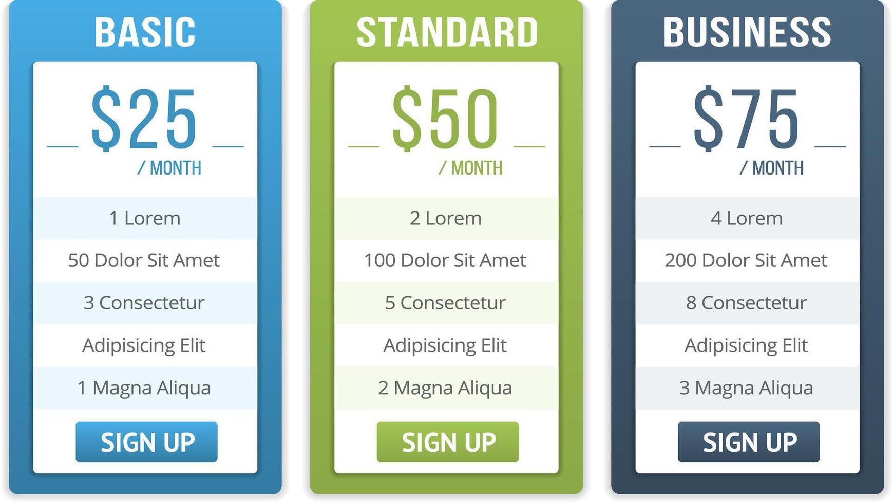 Pricing table template with three plans for websites vector