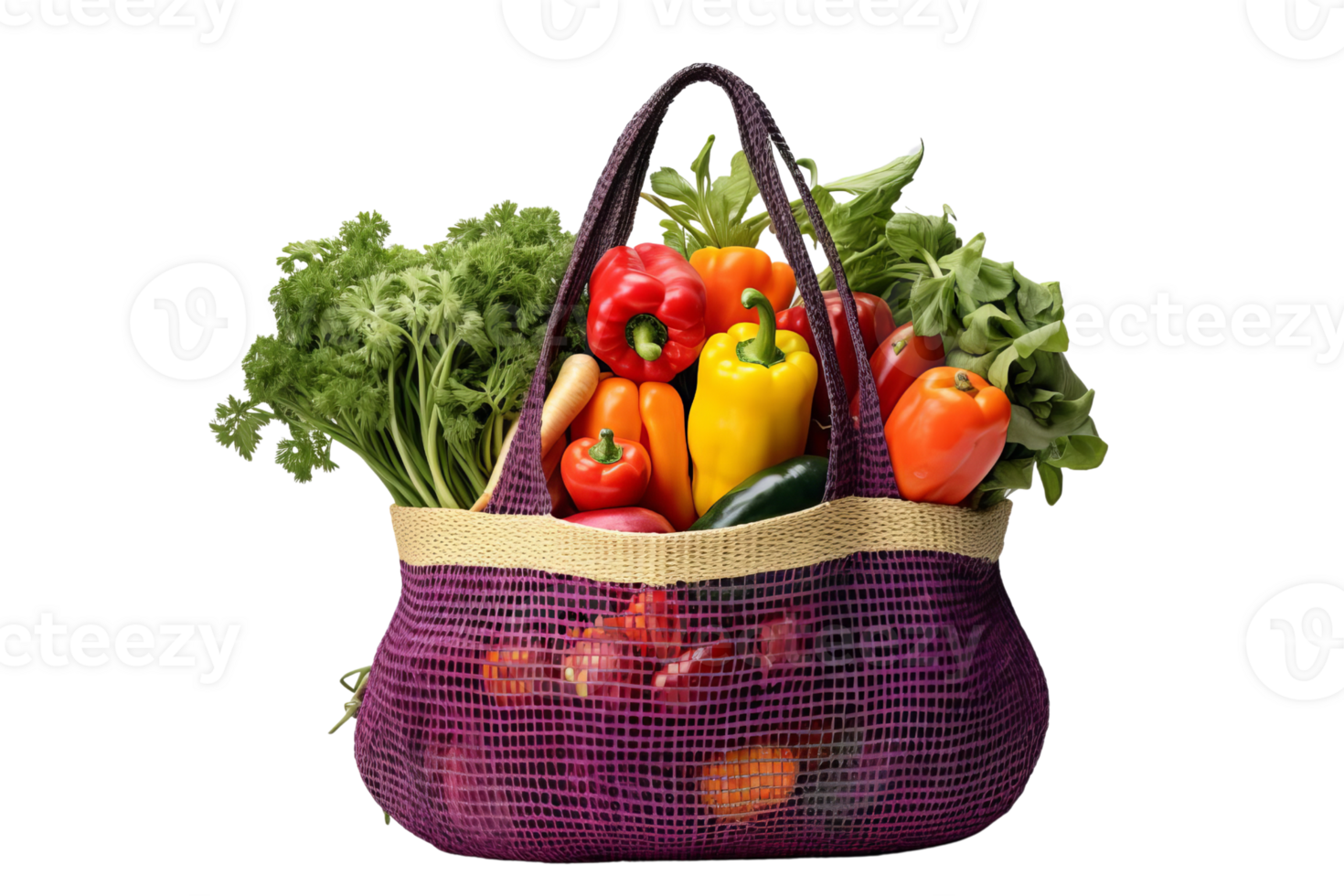 Vibrant fresh vegetables in a reusable bag, including bell peppers, greens, and tomatoes. Perfect for healthy eating and eco-friendly shopping. png