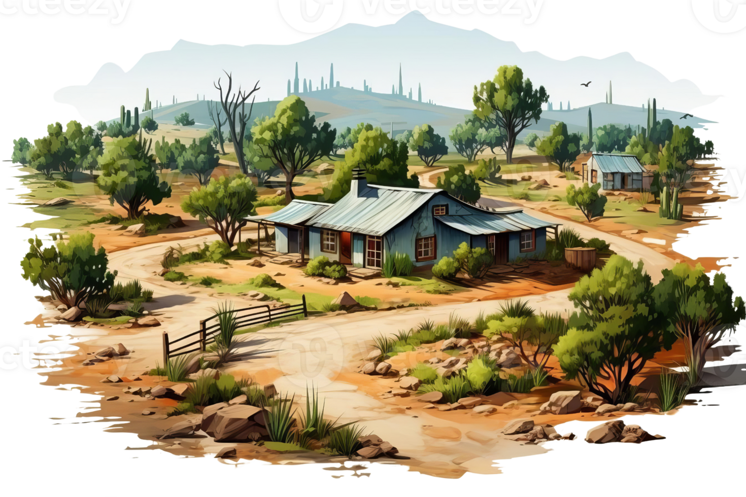 A painting of a desert landscape with a house and a road. The mood of the painting is peaceful and serene png