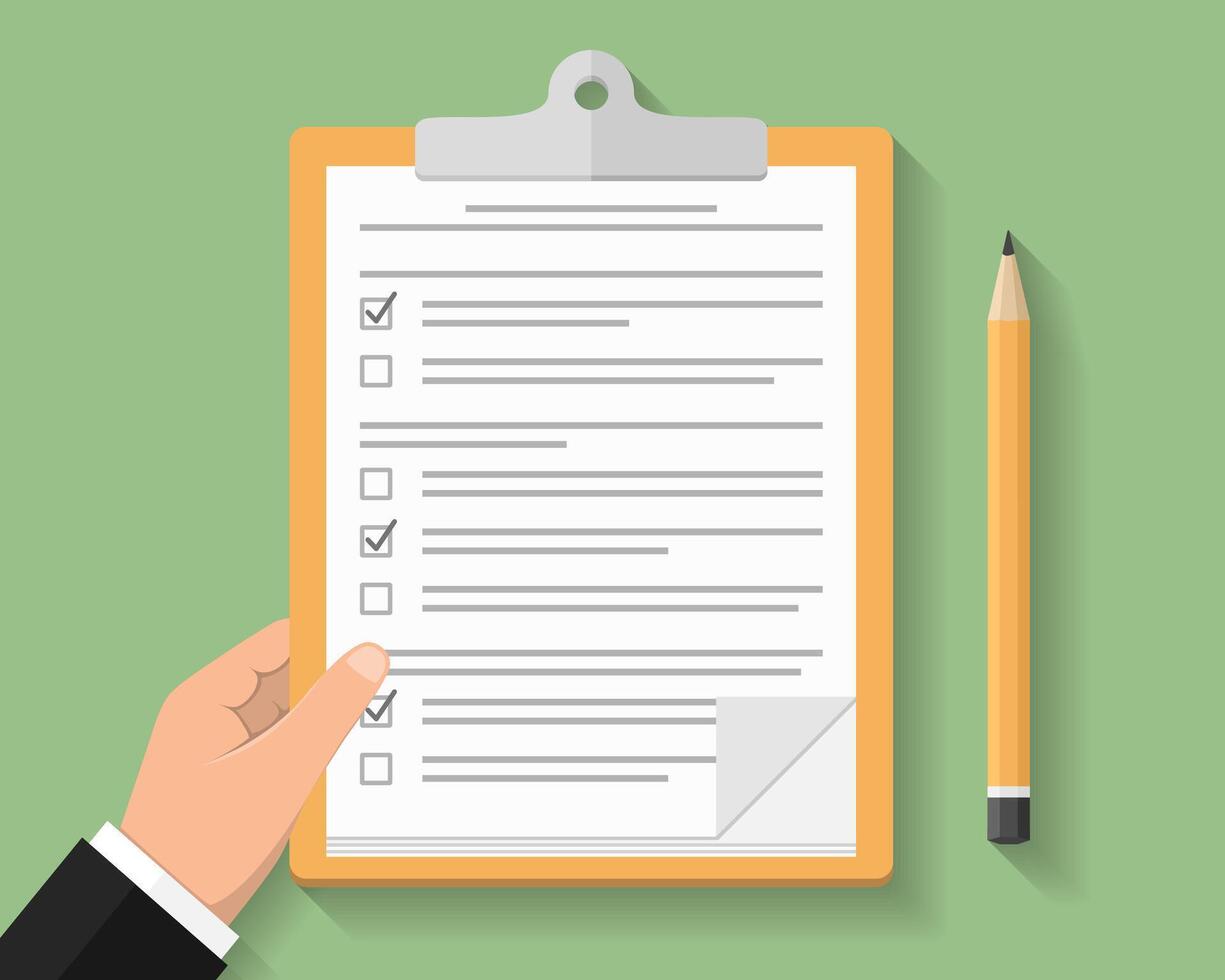 Hand with clipboard, survey or test concept, clipboard with documents with check boxes and pencil, flat design vector