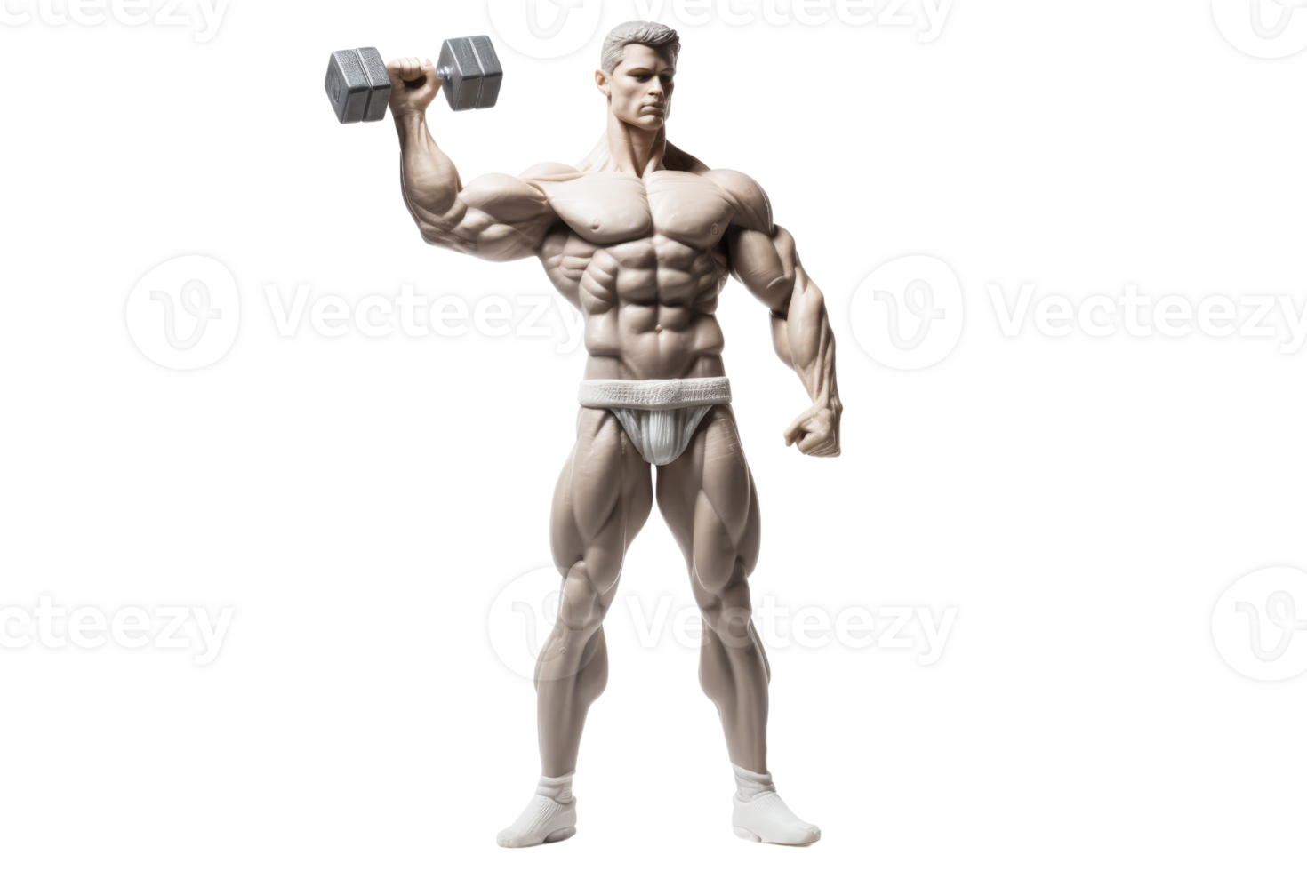 A man is lifting a dumbbell in a white and grey pose. The pose is very strong and powerful png
