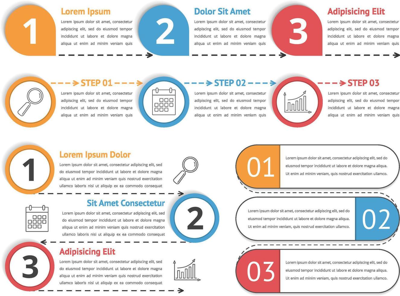 Four simple templates for process infographics, can be used as steps, workflow diagrams, options, etc vector