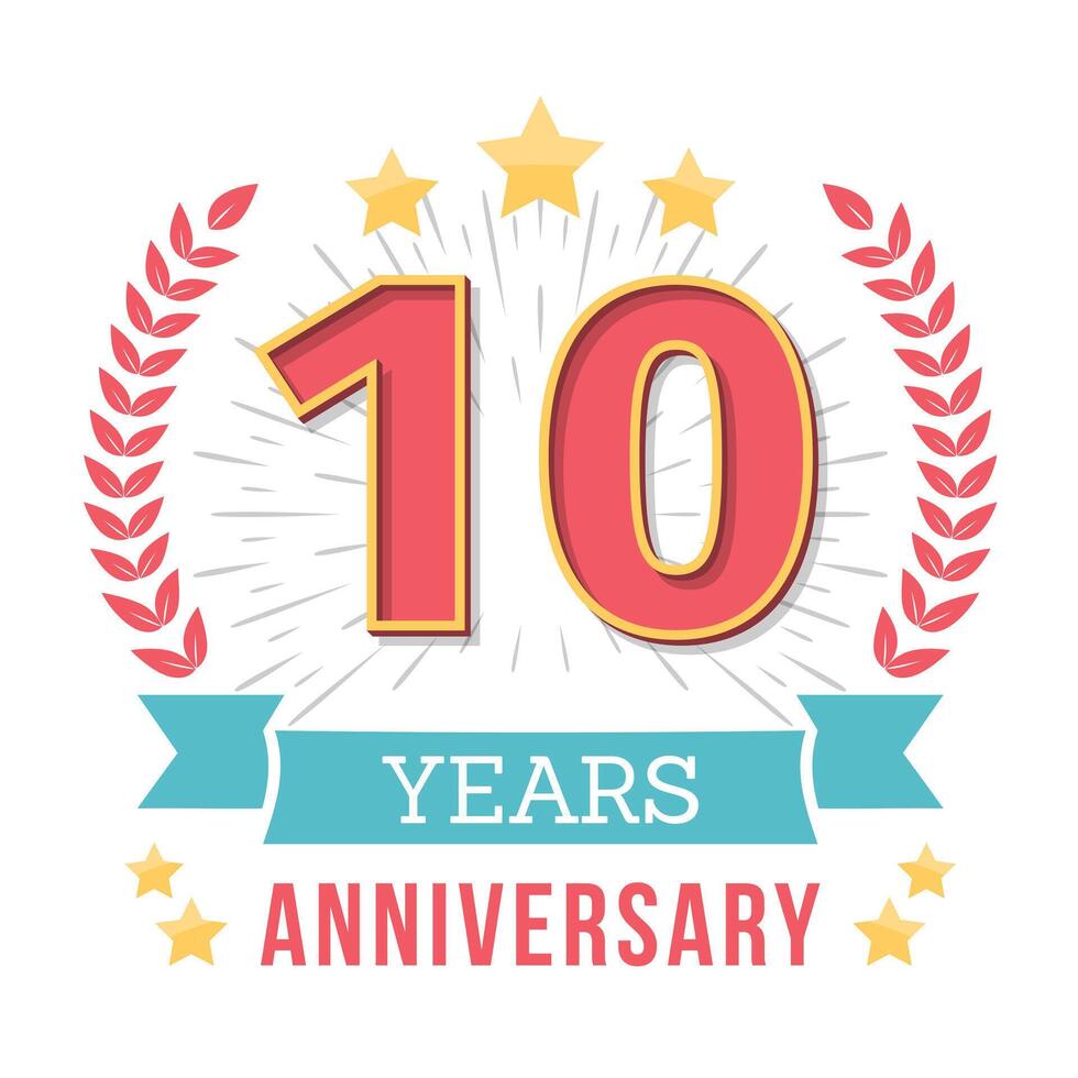 10 Years anniversary emblem with ribbon, laurel wreath and stars vector