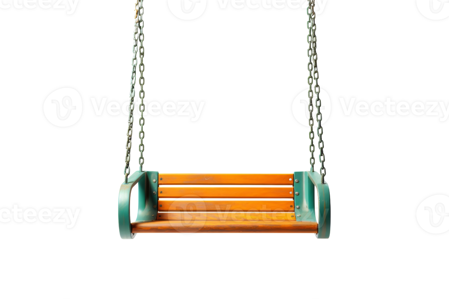 A wooden bench with a green frame is suspended from a chain png