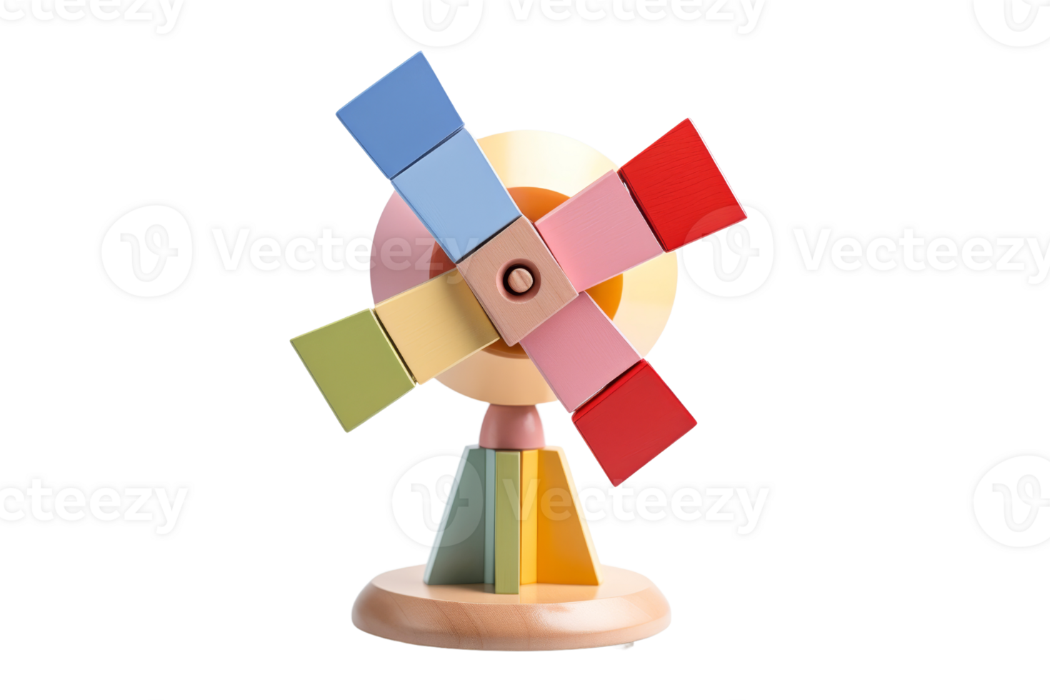 A colorful wooden windmill with a wooden base. The windmill is made of wood and has a colorful design png