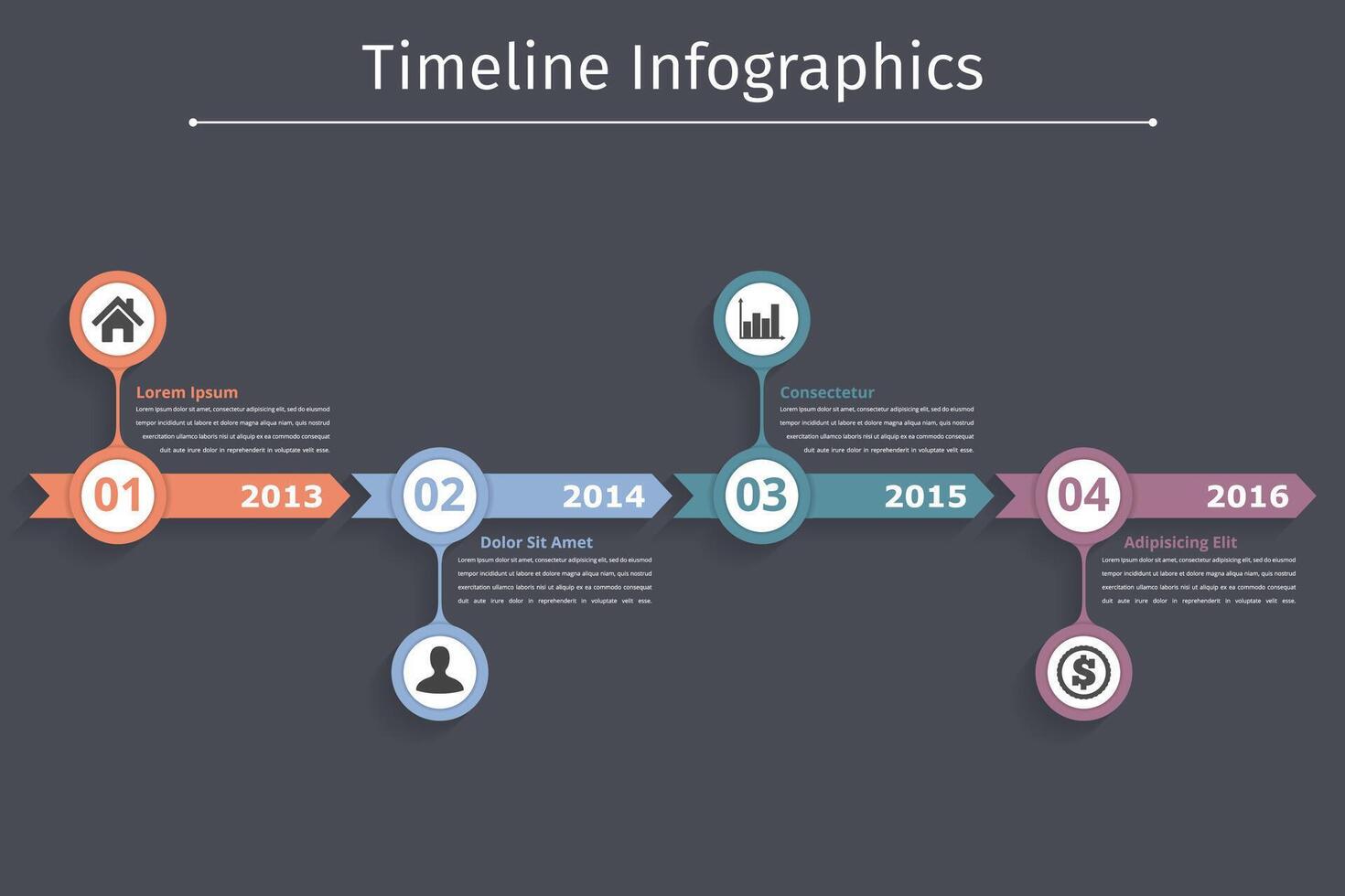 Timeline infographics template with arrows, flowchart, workflow or process infographics vector