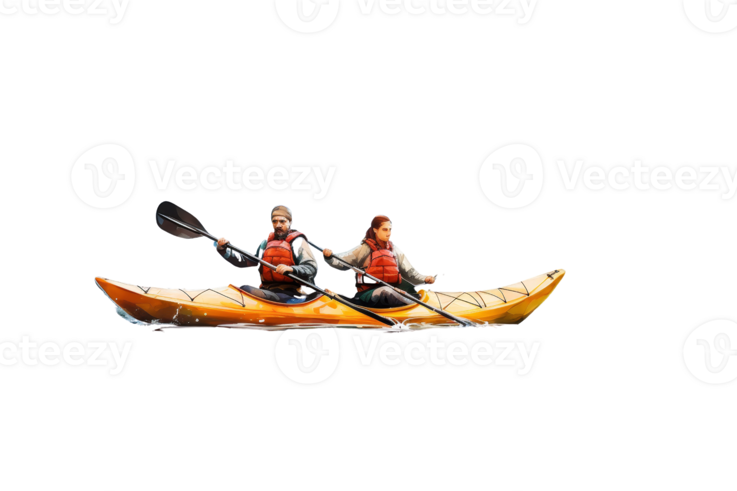 A man and a woman are paddling a kayak on a lake. The man is holding a paddle and the woman is holding a paddle as well. The scene is peaceful and serene png