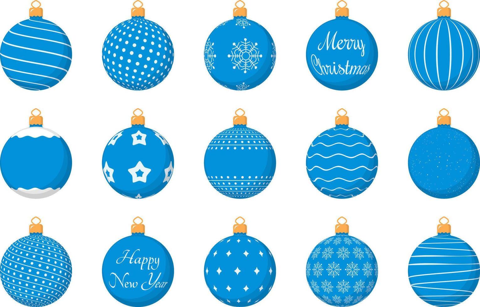 15 Blue Christmas balls with different textures, flat style vector