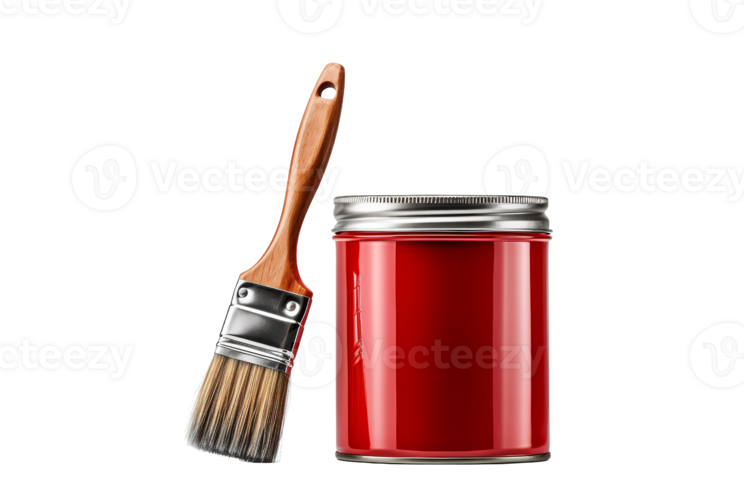 A red paint can sits next to a paintbrush. The brush is brown and has a wooden handle. Concept of painting and the importance of having the right tools for the job png