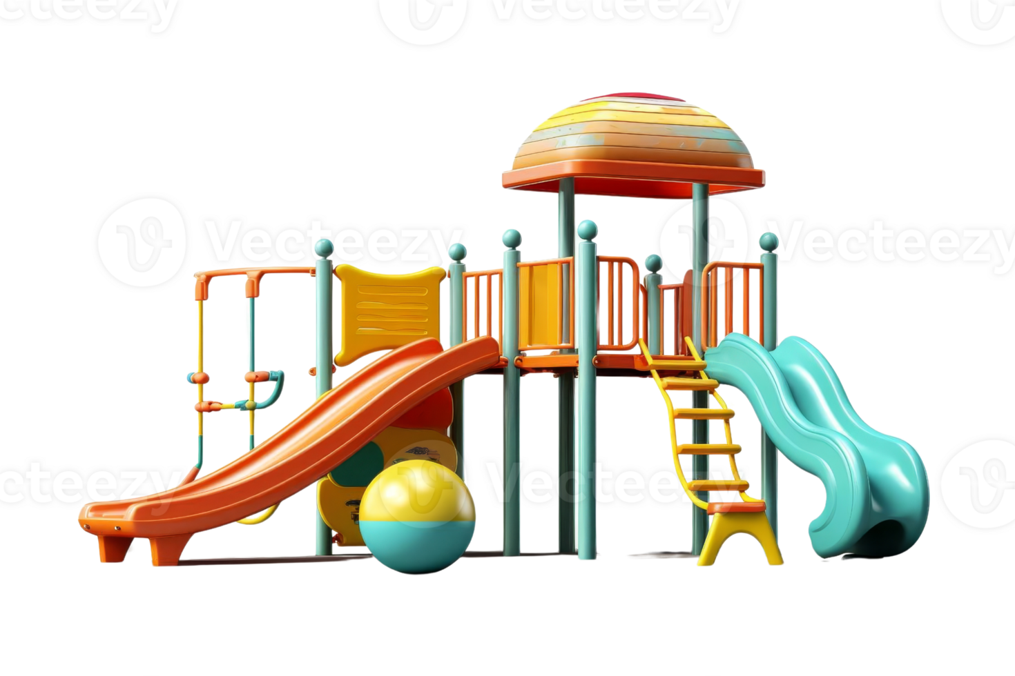 A colorful playground with a yellow and blue ball and a slide. The playground is designed for children and is very bright and cheerful png