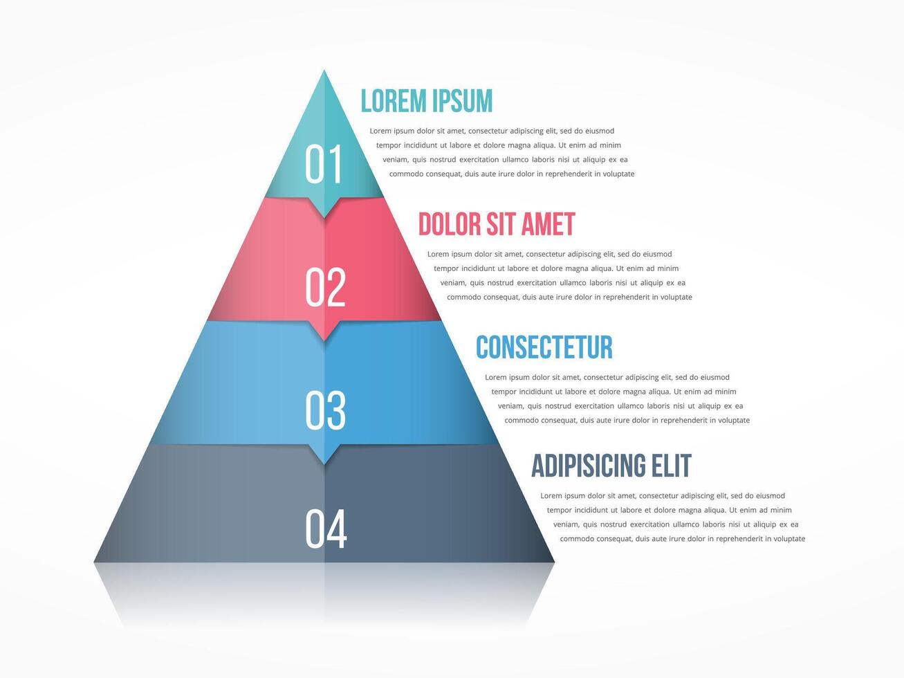 Pyramid chart with four elements with numbers and text, pyramid infographic template vector