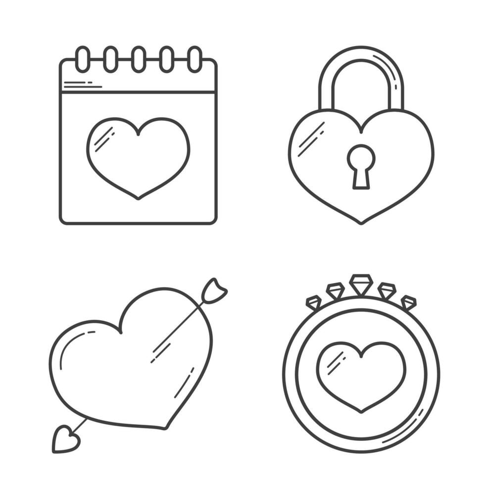 Heart line icons - calendar, lock, cupids arrow and ring vector