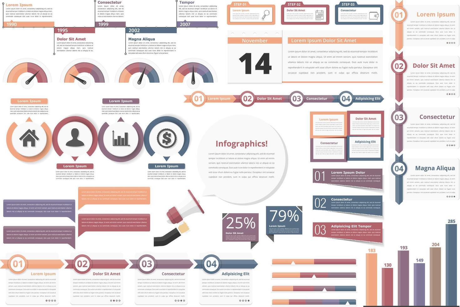 Infographic elements-timeline, process charts, workflow diagrams, steps, options, indocators, bar graph vector