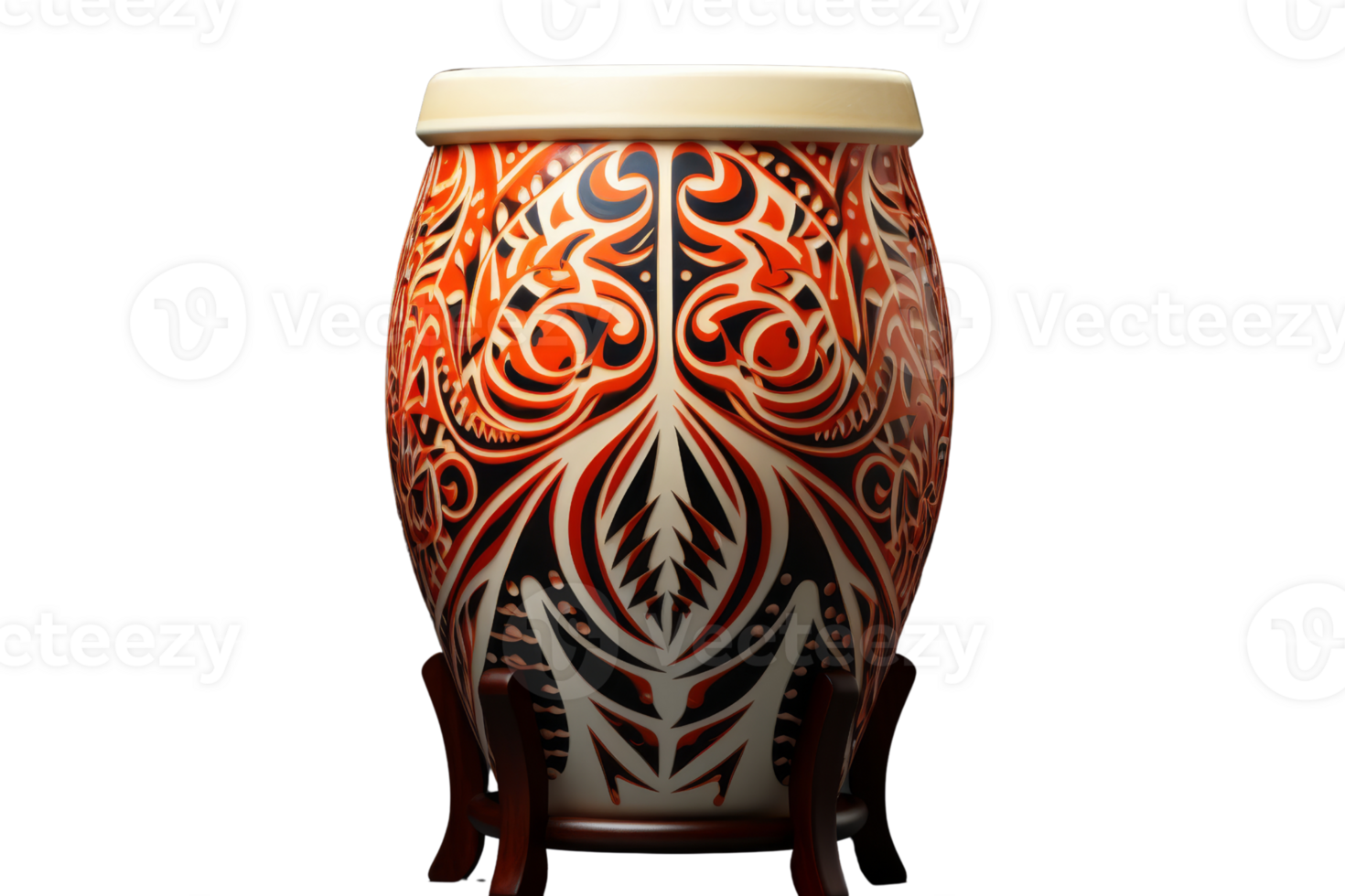 A large, ornate vase with a black and orange design sits on a wooden stand. The vase is the focal point of the image, and its intricate design suggests a sense of artistry and craftsmanship png
