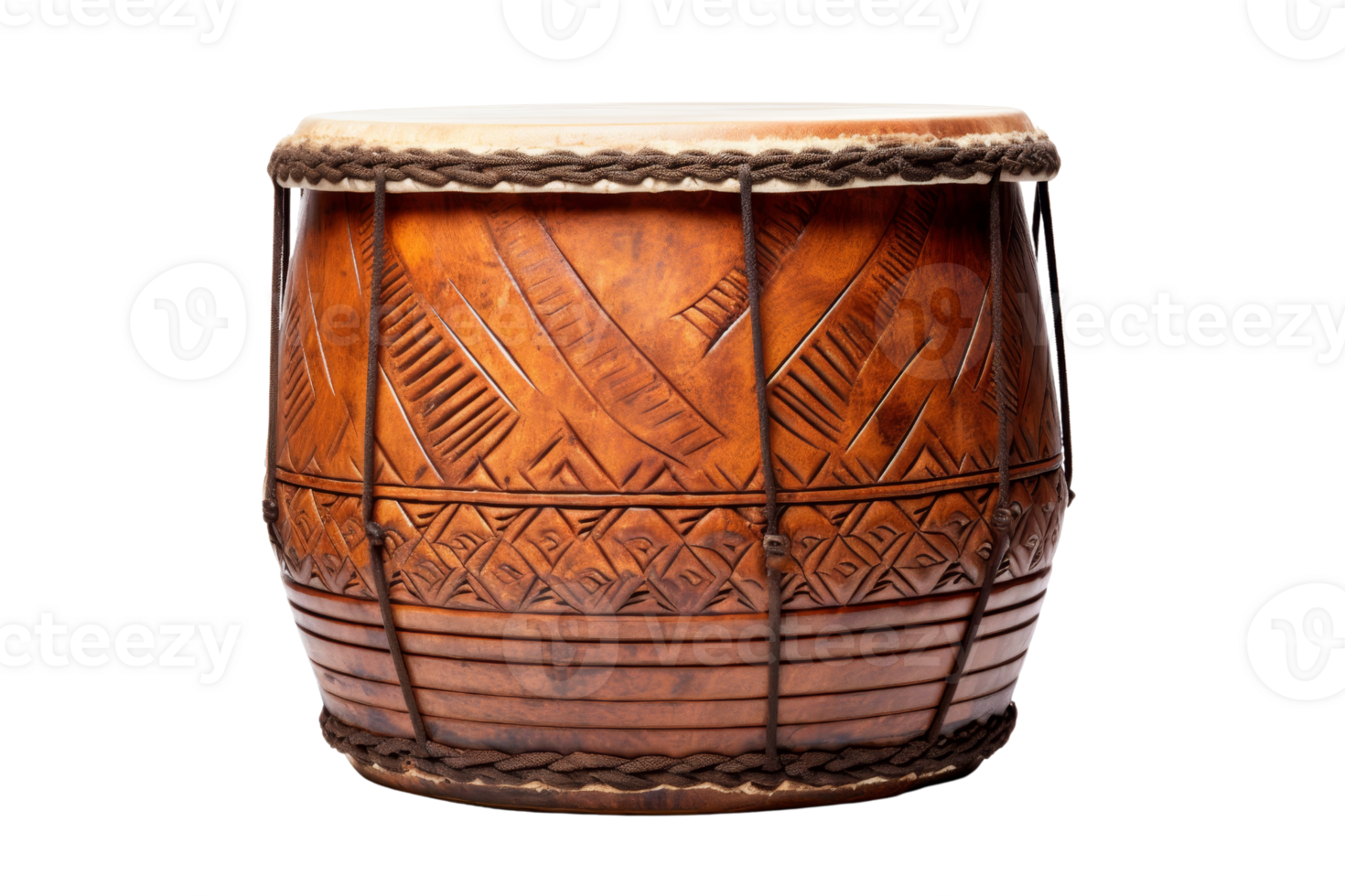 A large wooden drum with a rope around it. The drum is brown and has a pattern on it png