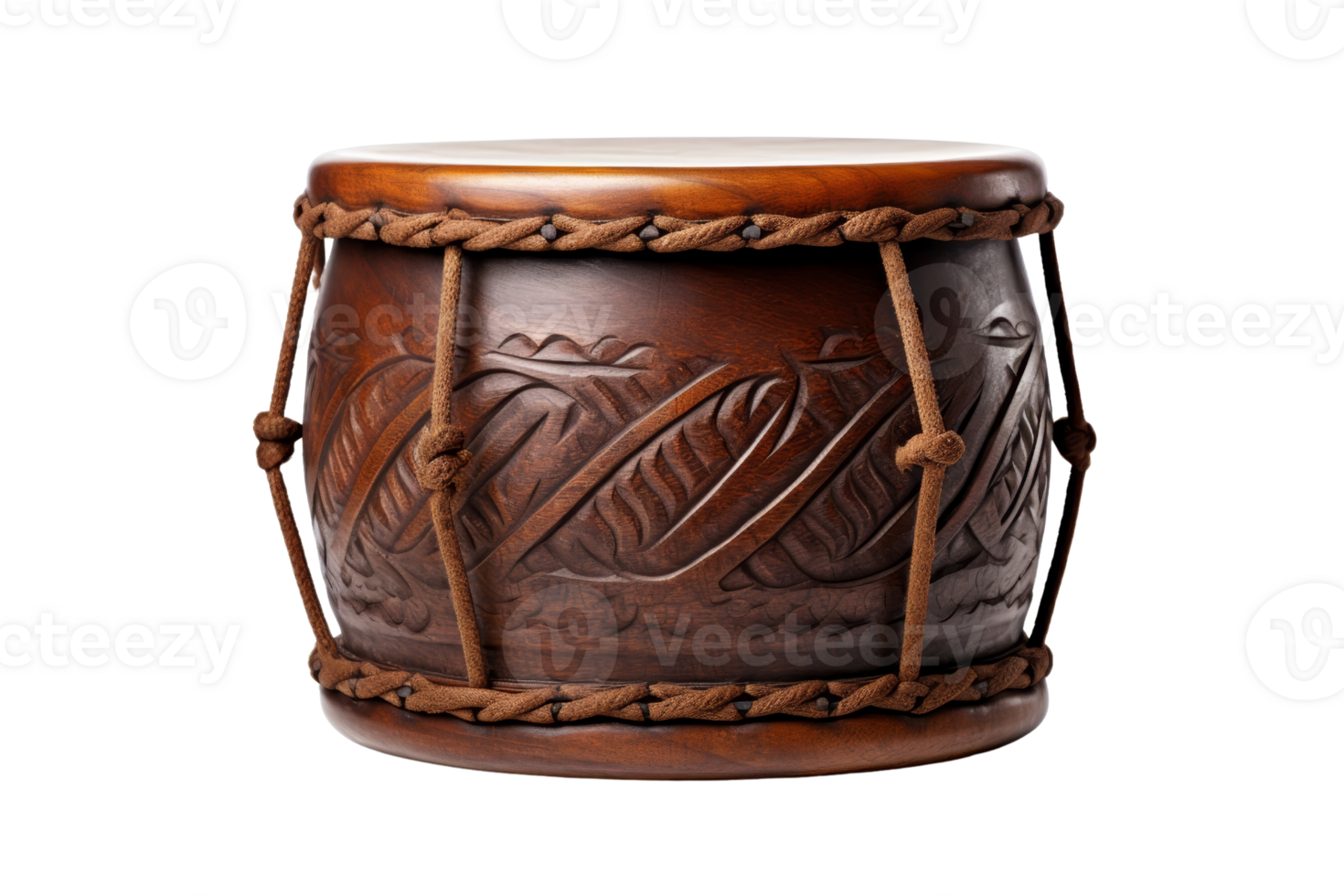 A wooden drum with a rope around it. The drum is brown and has a design on it png