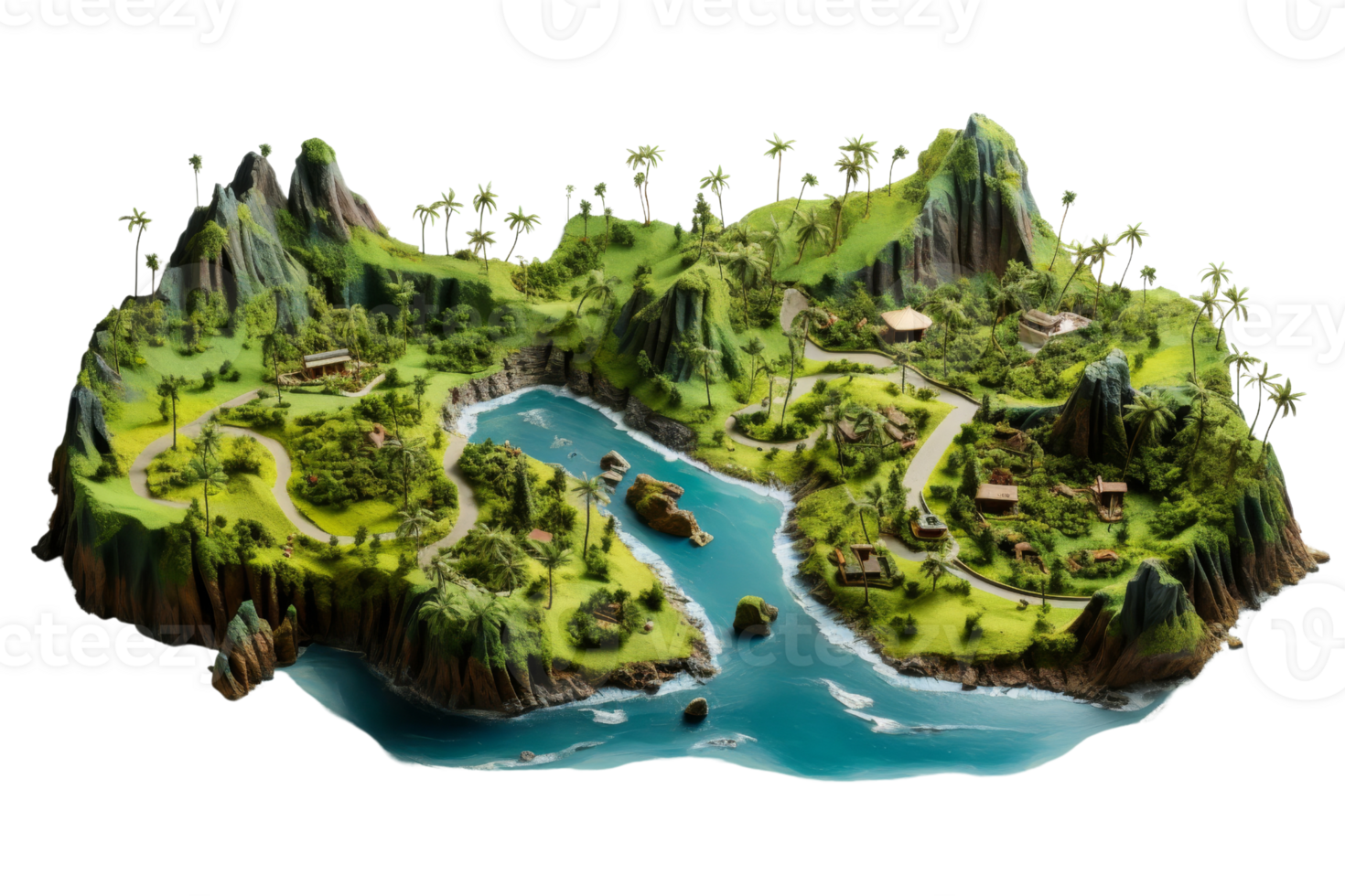 A large island with a river running through it. The island is lush and green, with palm trees and houses scattered throughout. The water is calm and blue png