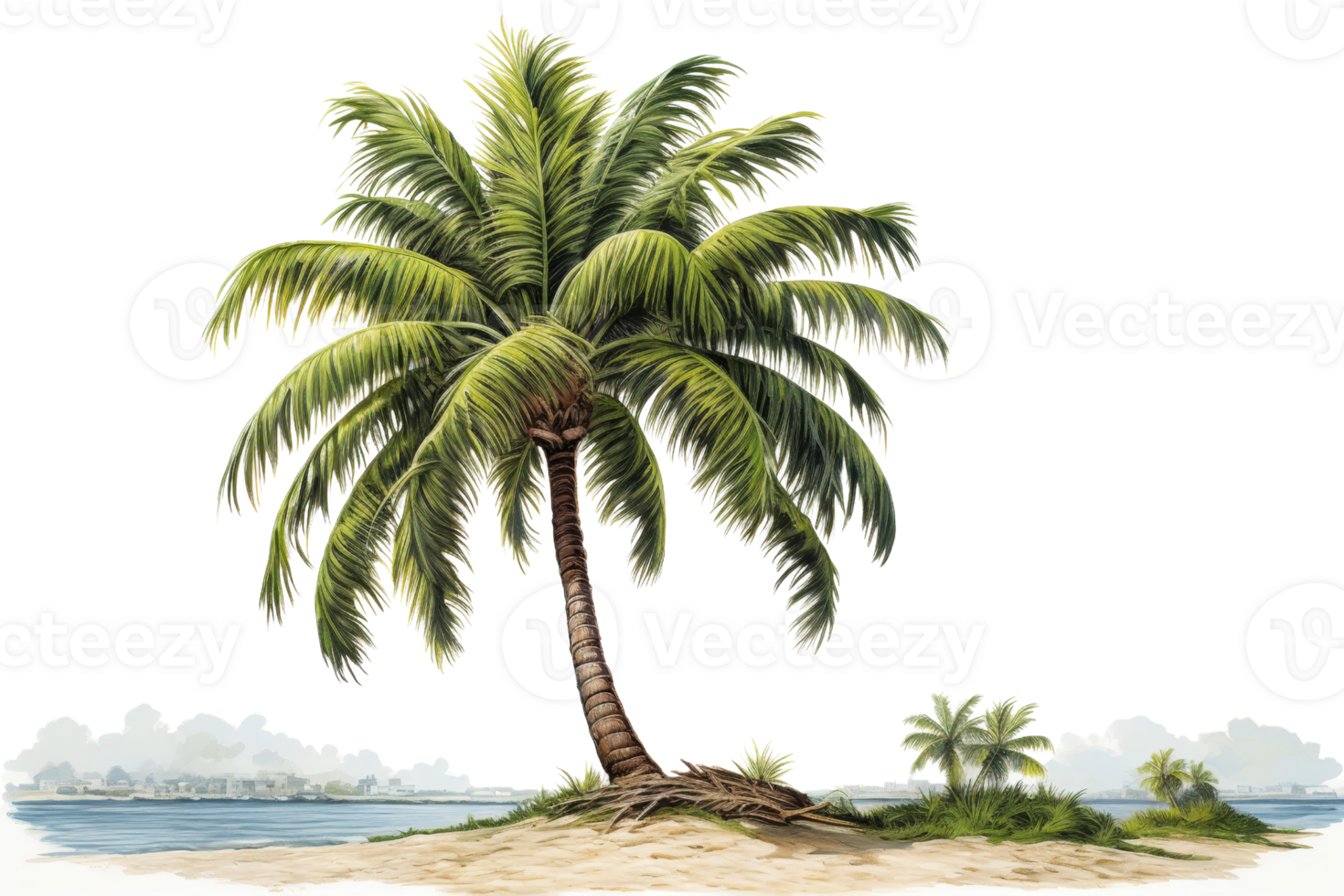 A palm tree is standing on a sandy beach near the water. The tree is tall and has a lot of leaves. The beach is calm and peaceful, with the water in the background png