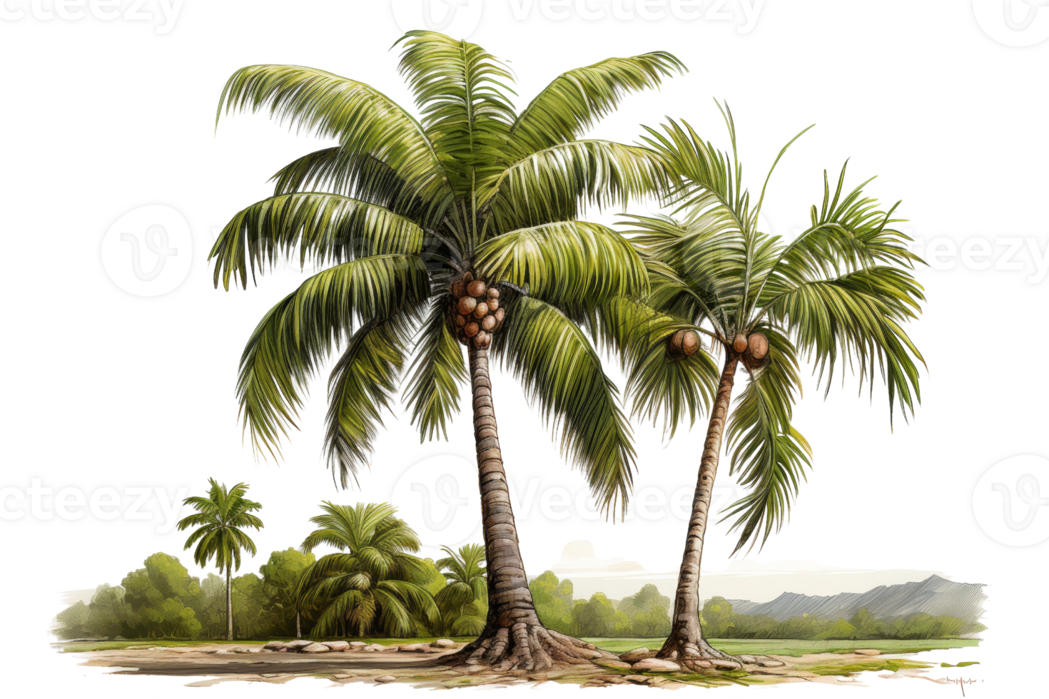 Two palm trees are standing next to each other in a lush green field. The trees are tall and have a lot of leaves, giving the impression of a tropical paradise. The scene is peaceful and serene png