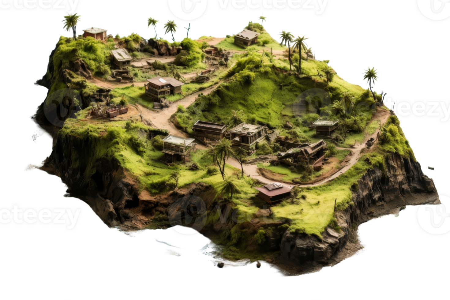 A small island with a village on it. The village is surrounded by a lush green hillside png