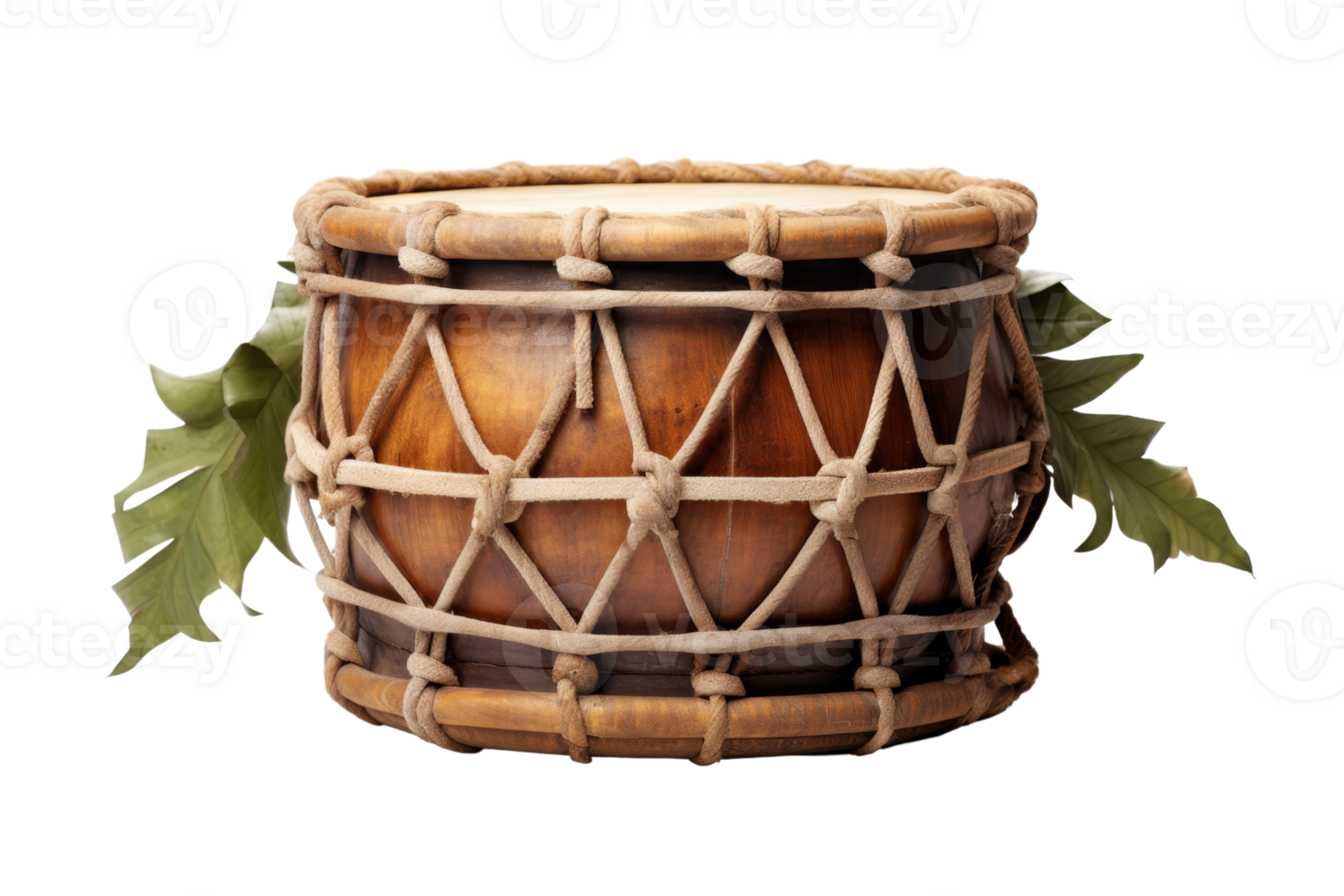A wooden drum with a rope around it. The drum is brown and has a natural look. The drum is surrounded by leaves, which gives it a natural and earthy feel png