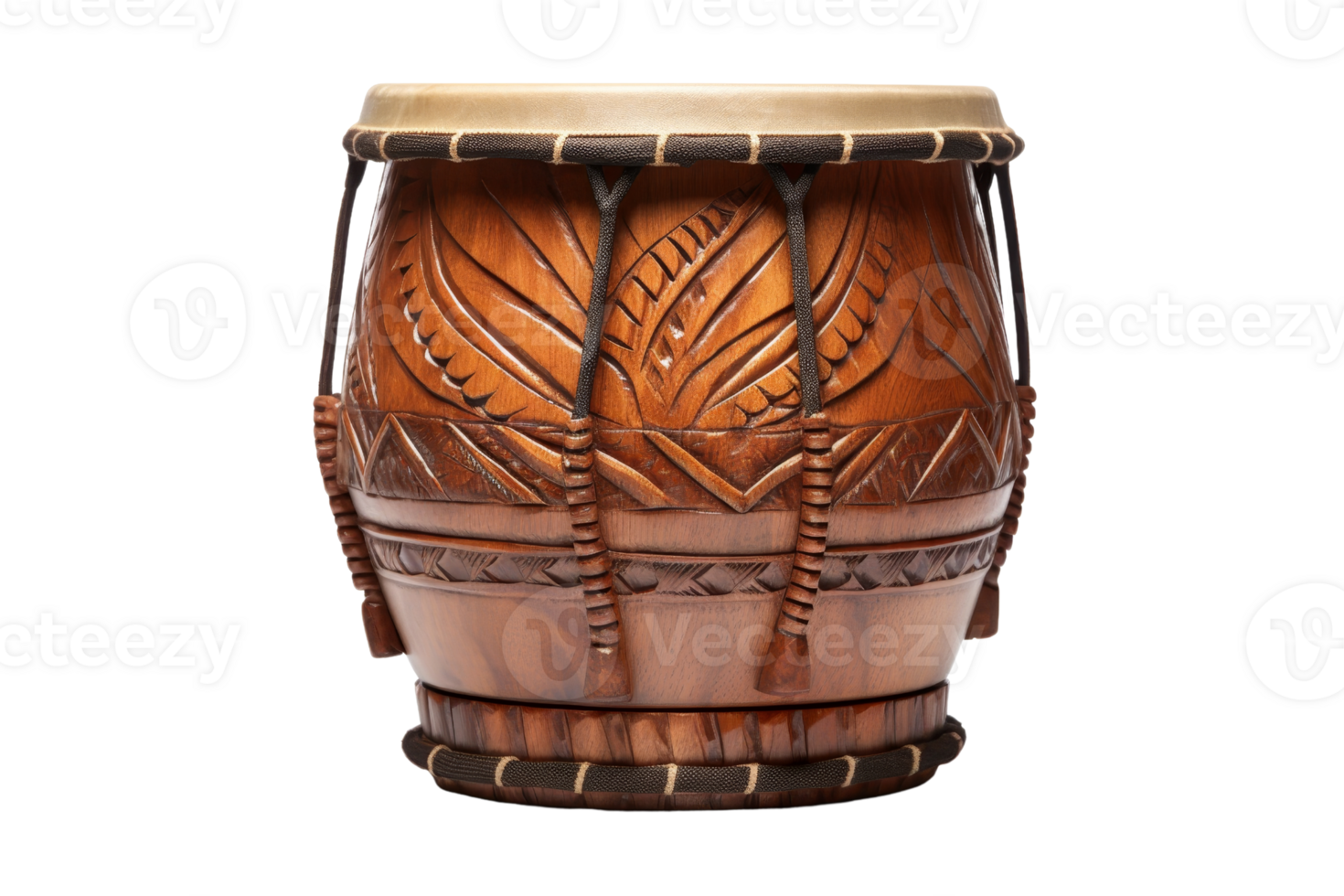 A wooden drum with a design on it. The drum is brown and has a black and white pattern png