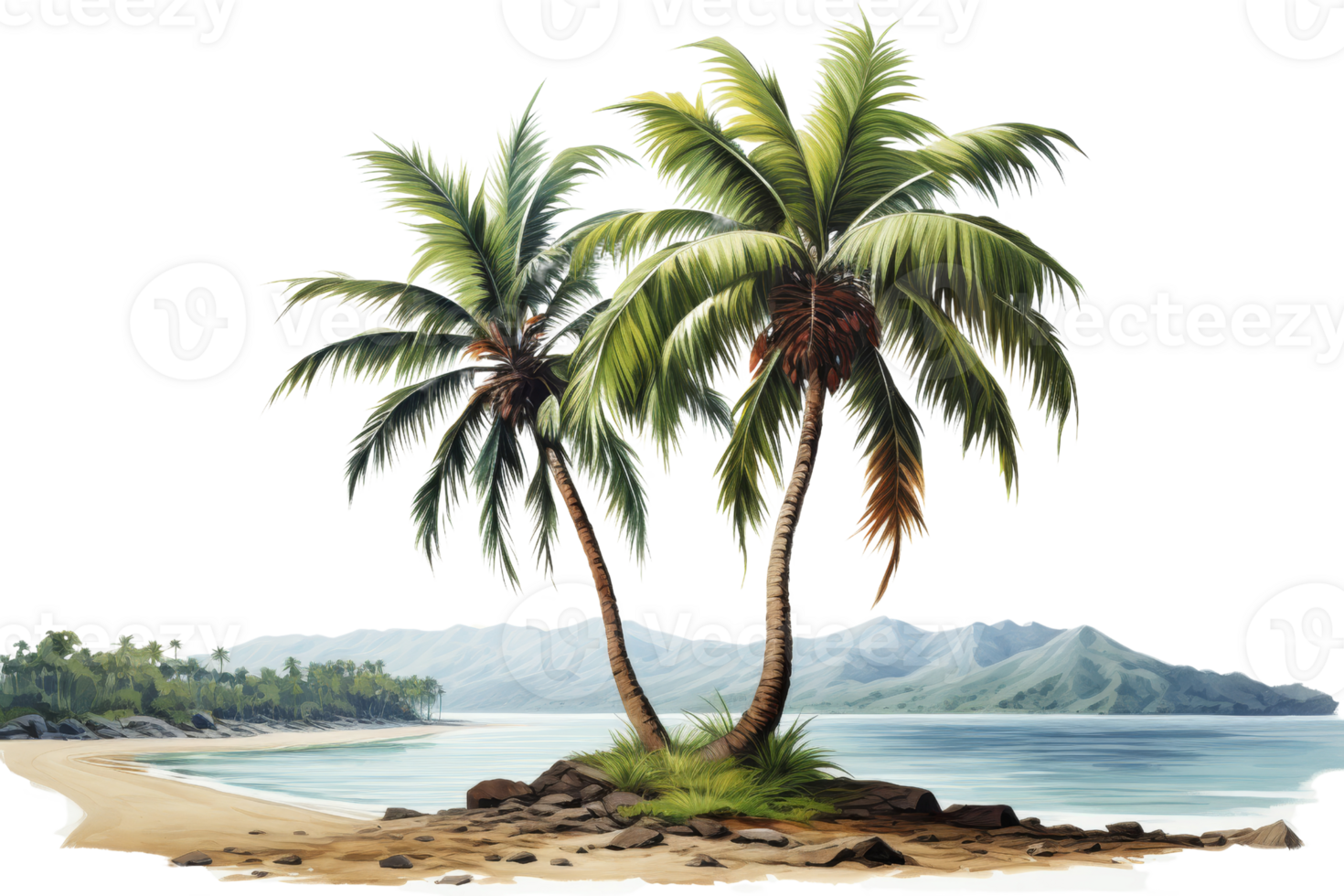 Two palm trees are on a beach near the ocean. The trees are tall and green, and they are the only trees in the scene. Scene is peaceful and relaxing png