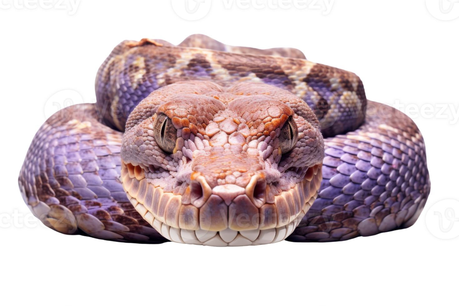 A purple snake is laying on its back with its head up. The snake has a menacing look on its face png