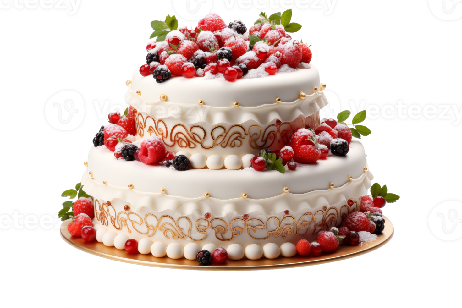 A white cake with strawberries and raspberries on top. The cake is decorated with gold and silver accents png