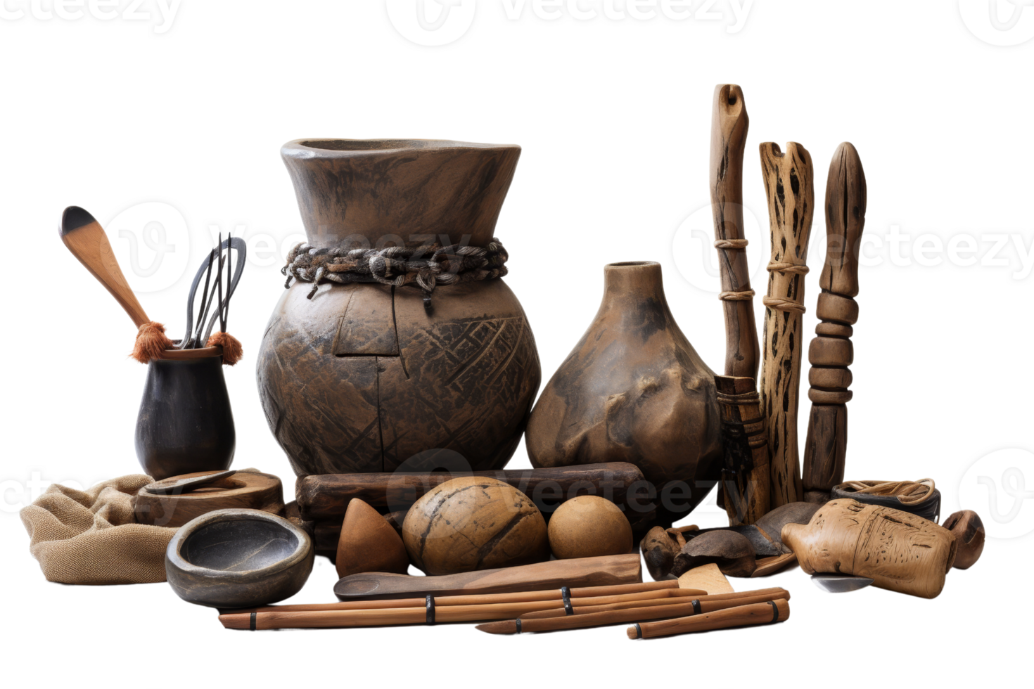 A collection of old pottery and utensils, including a spoon, a bowl, and a vase png