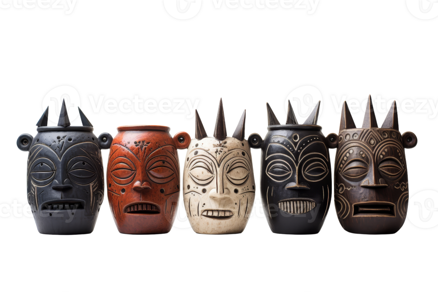 Five different faces made of clay or ceramic. They are arranged in a row, with the smallest one on the left and the largest one on the right png
