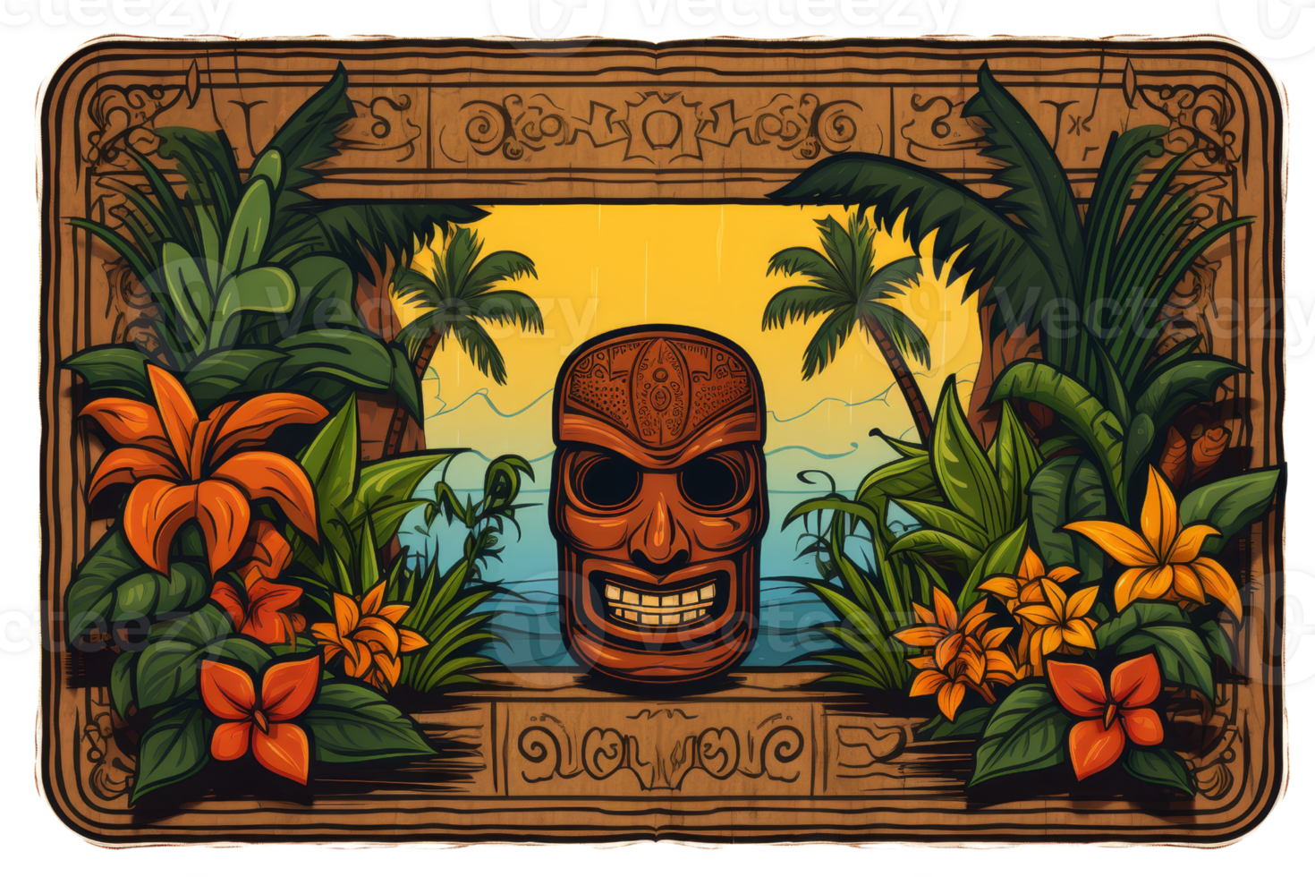 A tropical scene with a skull in the foreground. The skull is smiling and surrounded by flowers and palm trees png