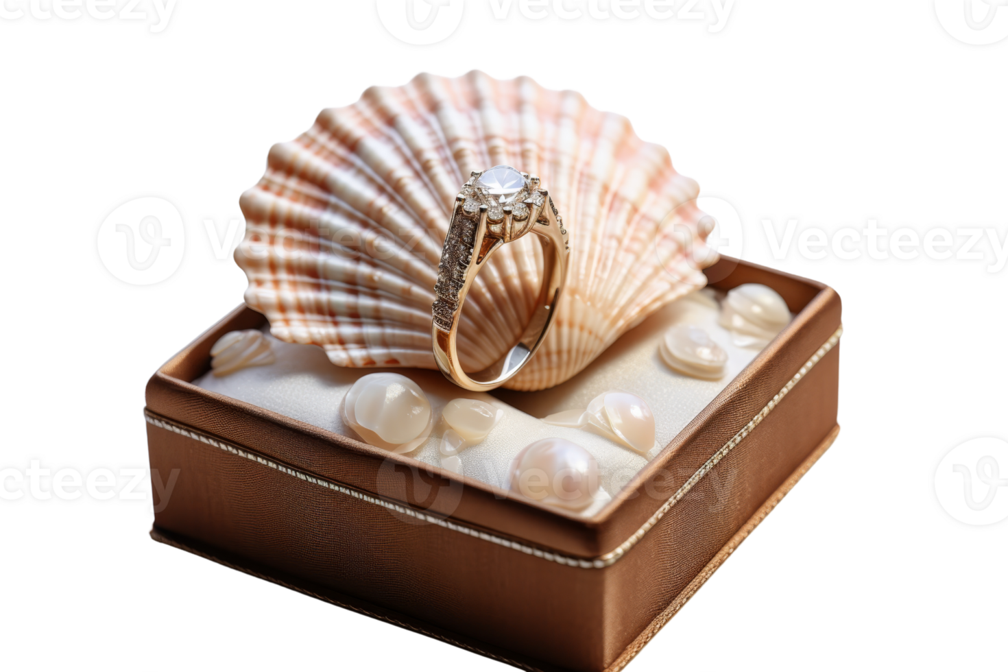 A gold ring is placed on top of a shell. The shell is in a box and the ring is the main focus of the image png