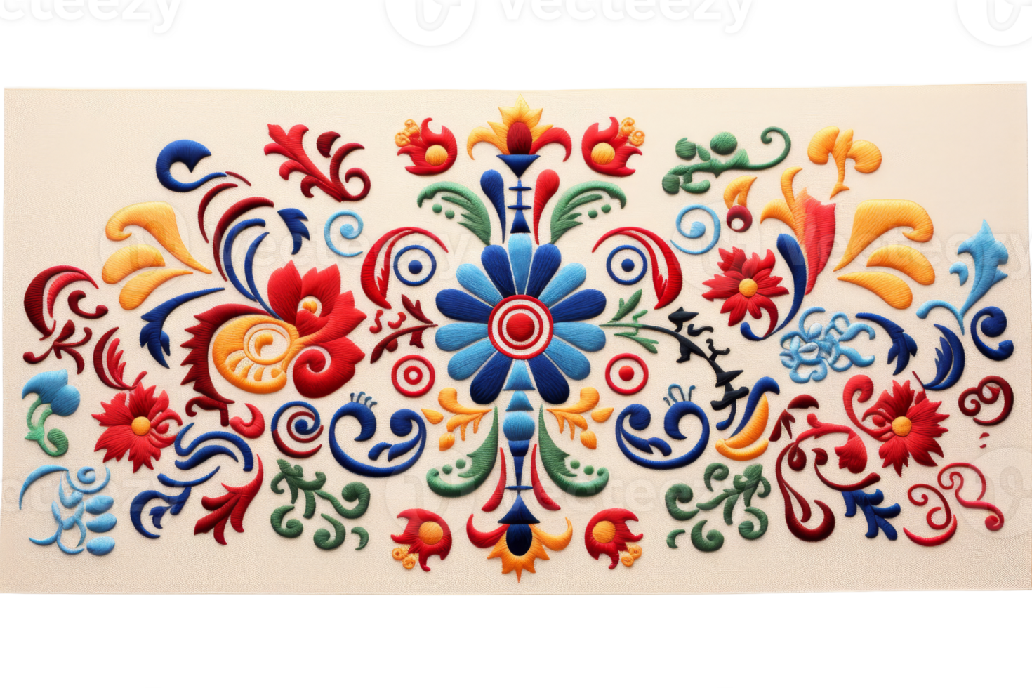 A colorful embroidered design with flowers and leaves. The design is very intricate and colorful, with a variety of different colors and patterns. Scene is cheerful and lively, with the bright colors png