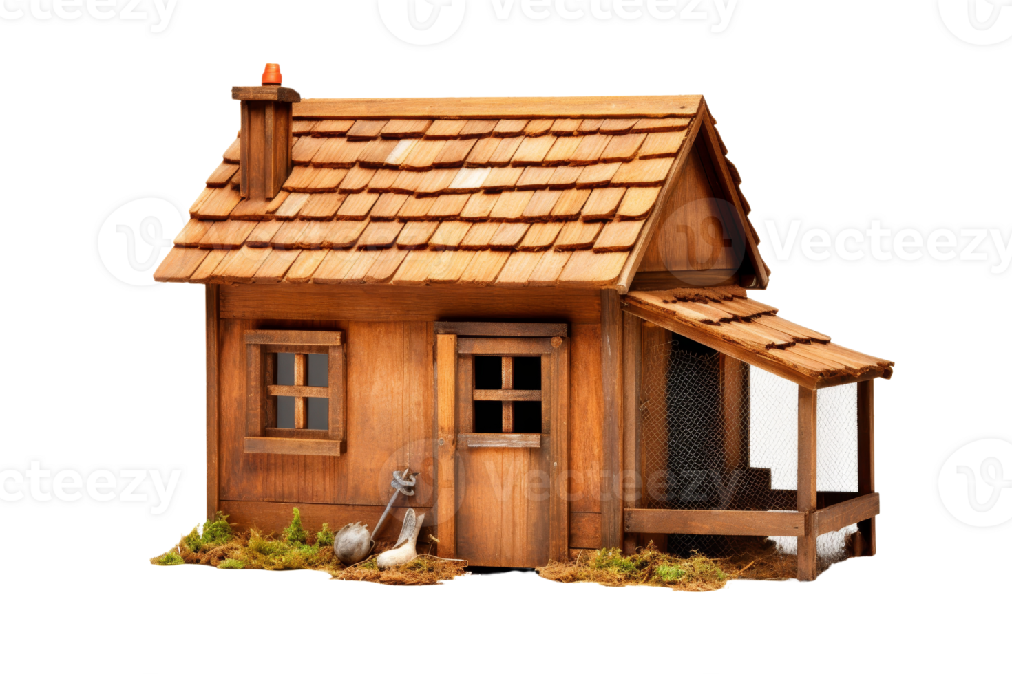 A small wooden house with a slanted roof and a porch. The house is surrounded by grass and bushes png