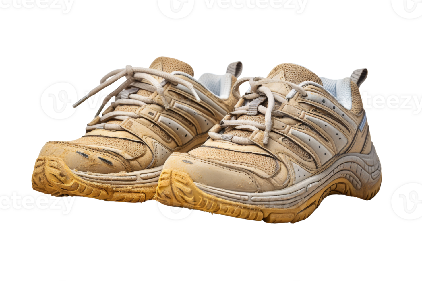 Two old shoes with white laces and a tan sole. The shoes are worn and dirty png
