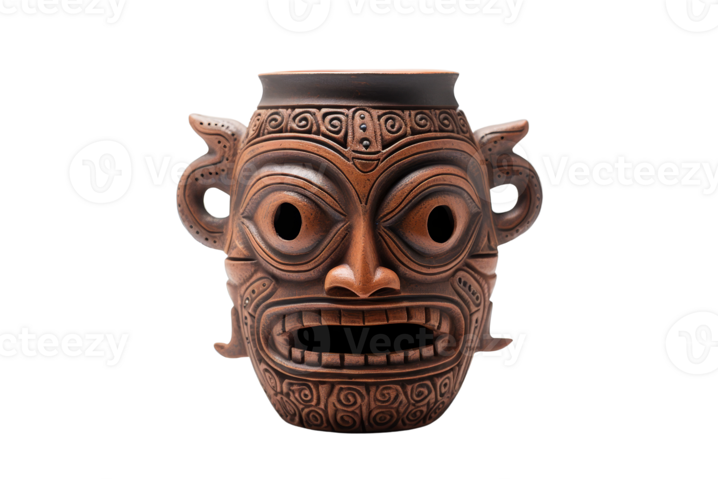 A brown ceramic vase with a face on it. The face has a mouth and eyes png