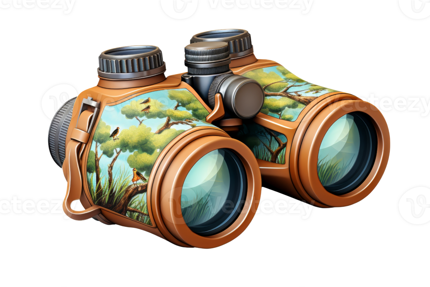 A pair of binoculars with a tree painting on the side. The binoculars are brown and have a bird on the side png