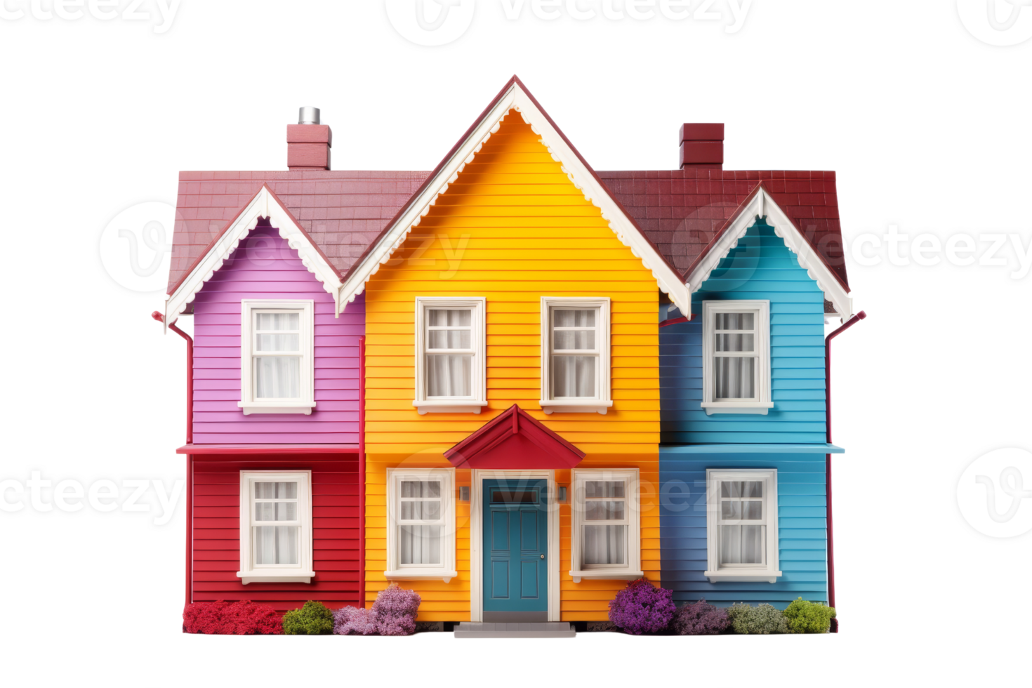 A colorful house with a blue door and windows. The house is painted in different colors, including yellow, red, and blue png